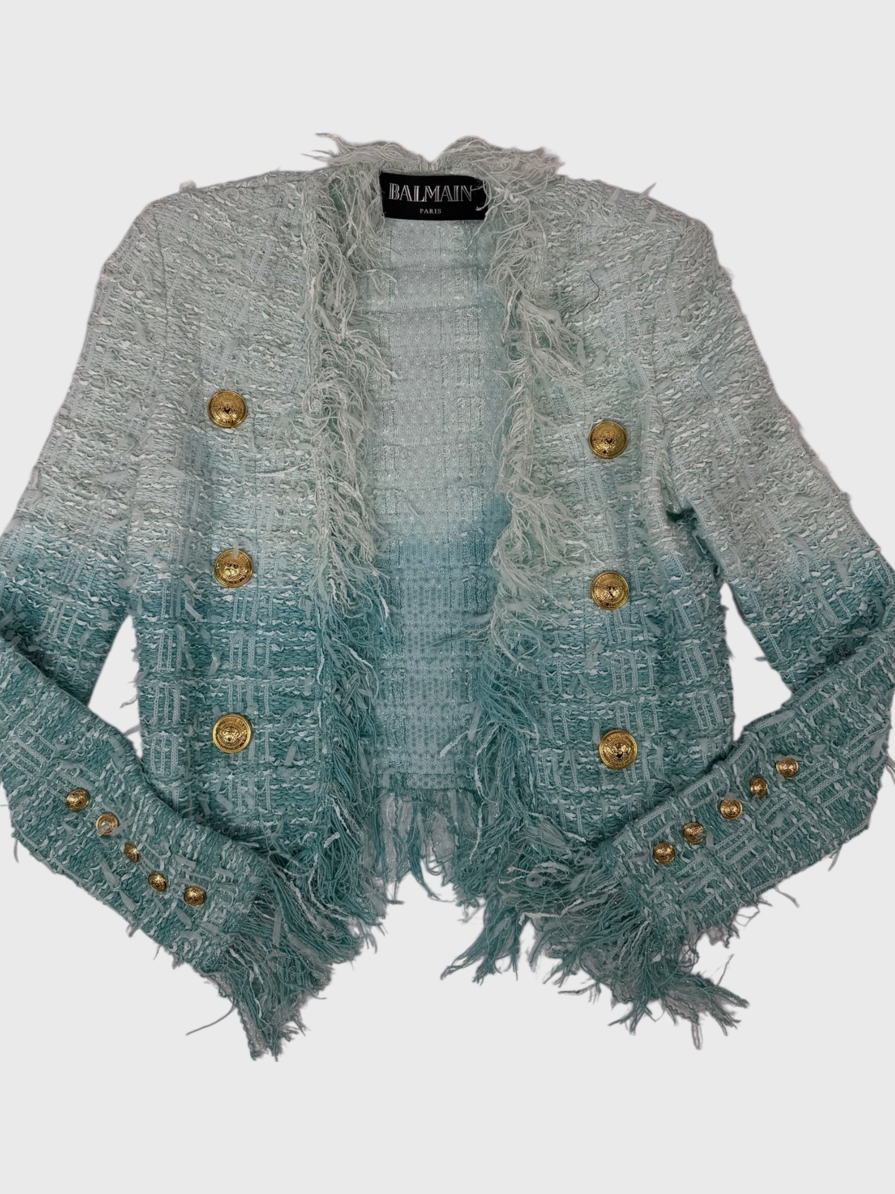 Balmain Fringe Dip Dye Tweed Jacket In Turquoise (Size34/UK6)