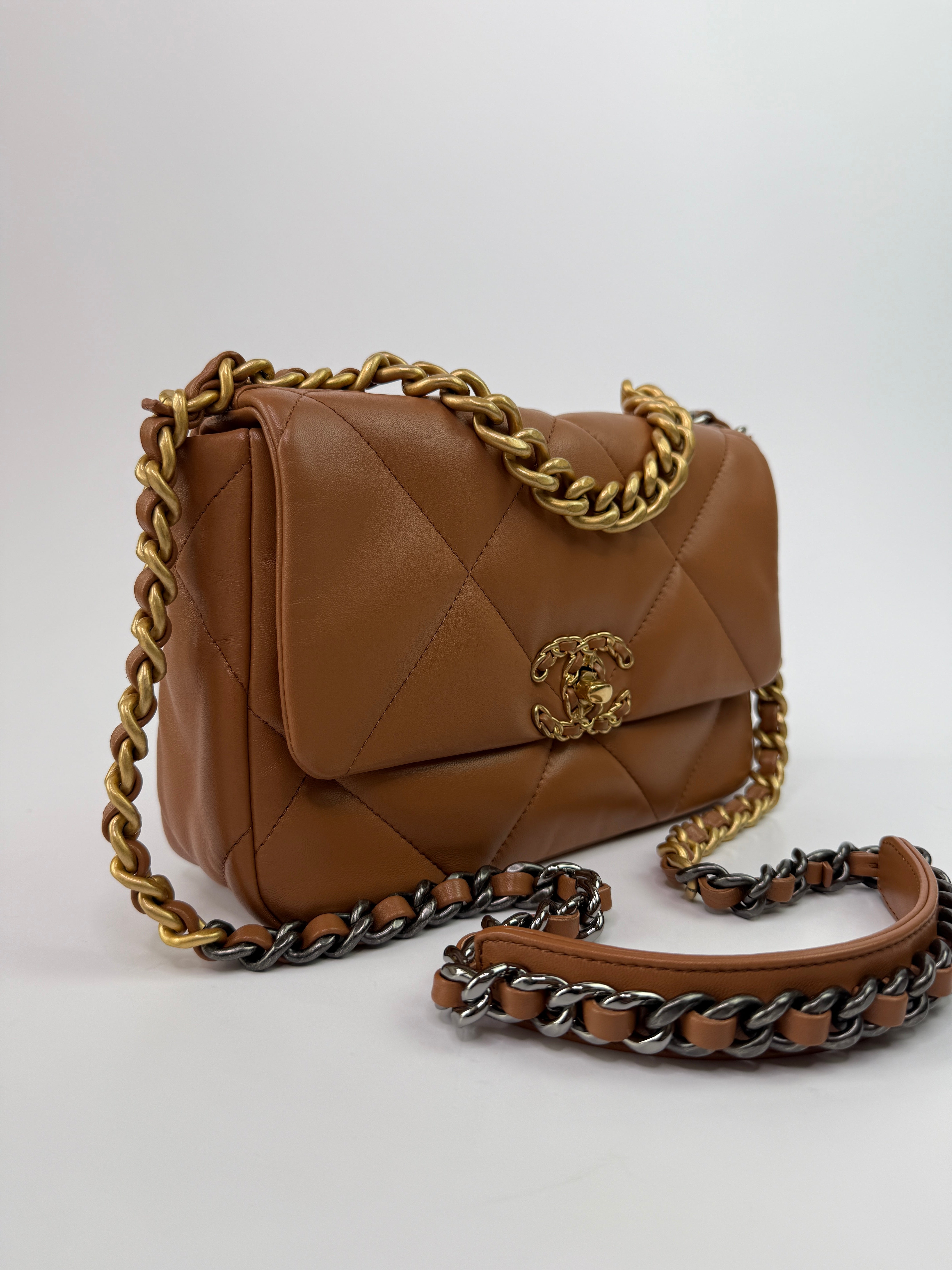 Chanel 19 Small Flap Bag In Camel Lambskin Leather