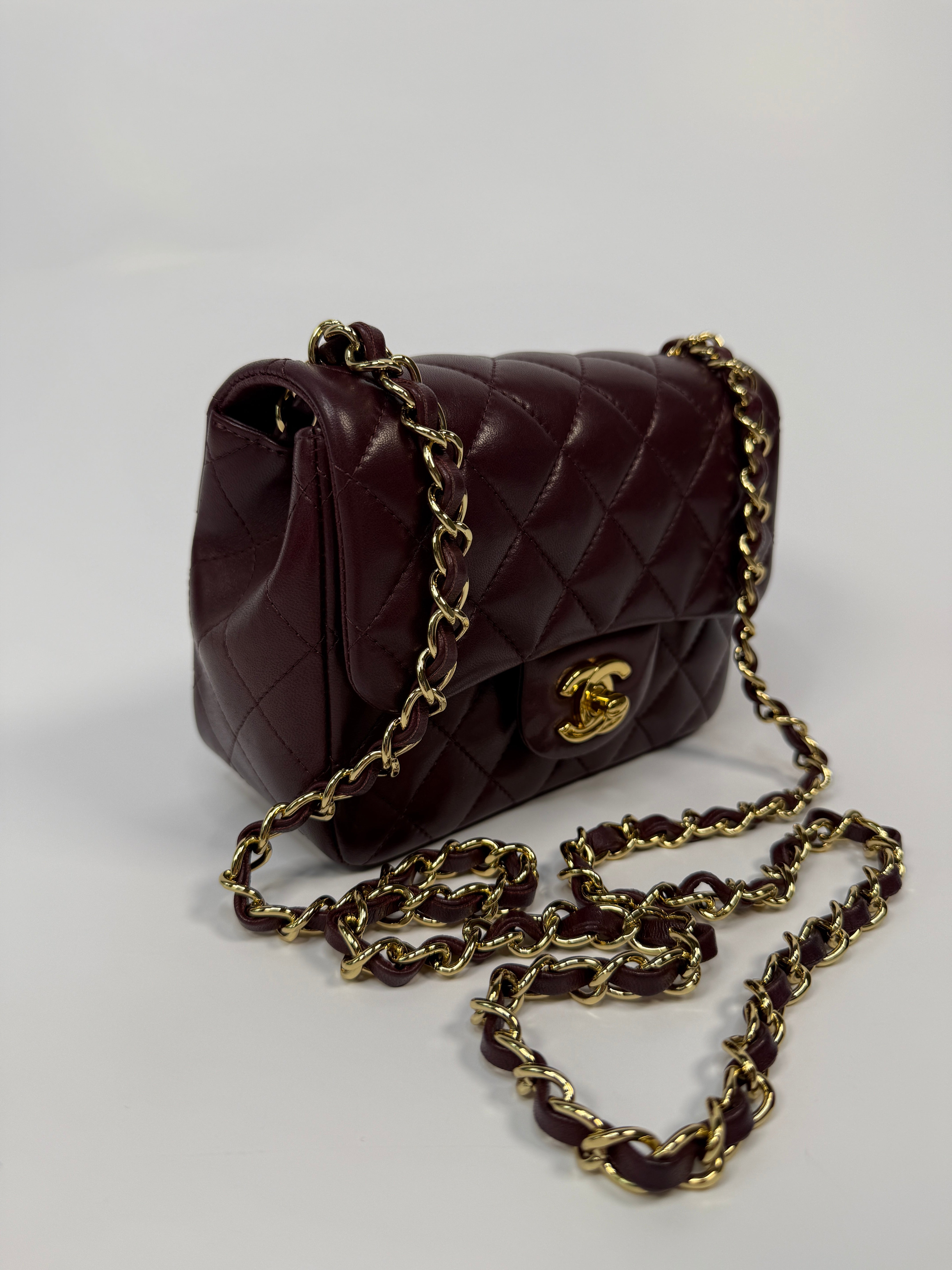Chanel Mini Square In Burgundy Lambskin Leather With GHW