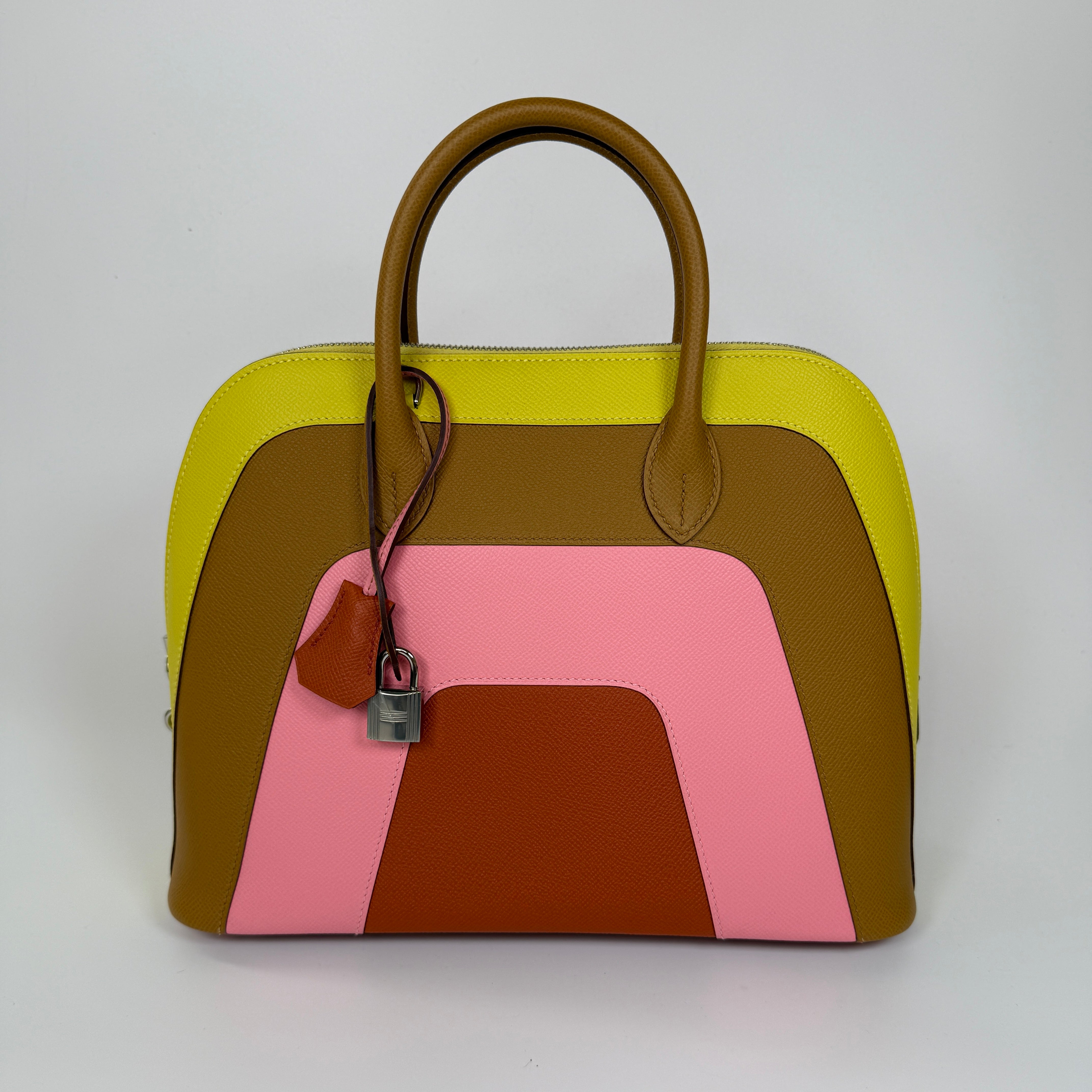 Authentic and preloved Hermès Bolide 30 Rainbow Sunrise Handbag With Palladium Hardware. 100% Authenticity Guarantee