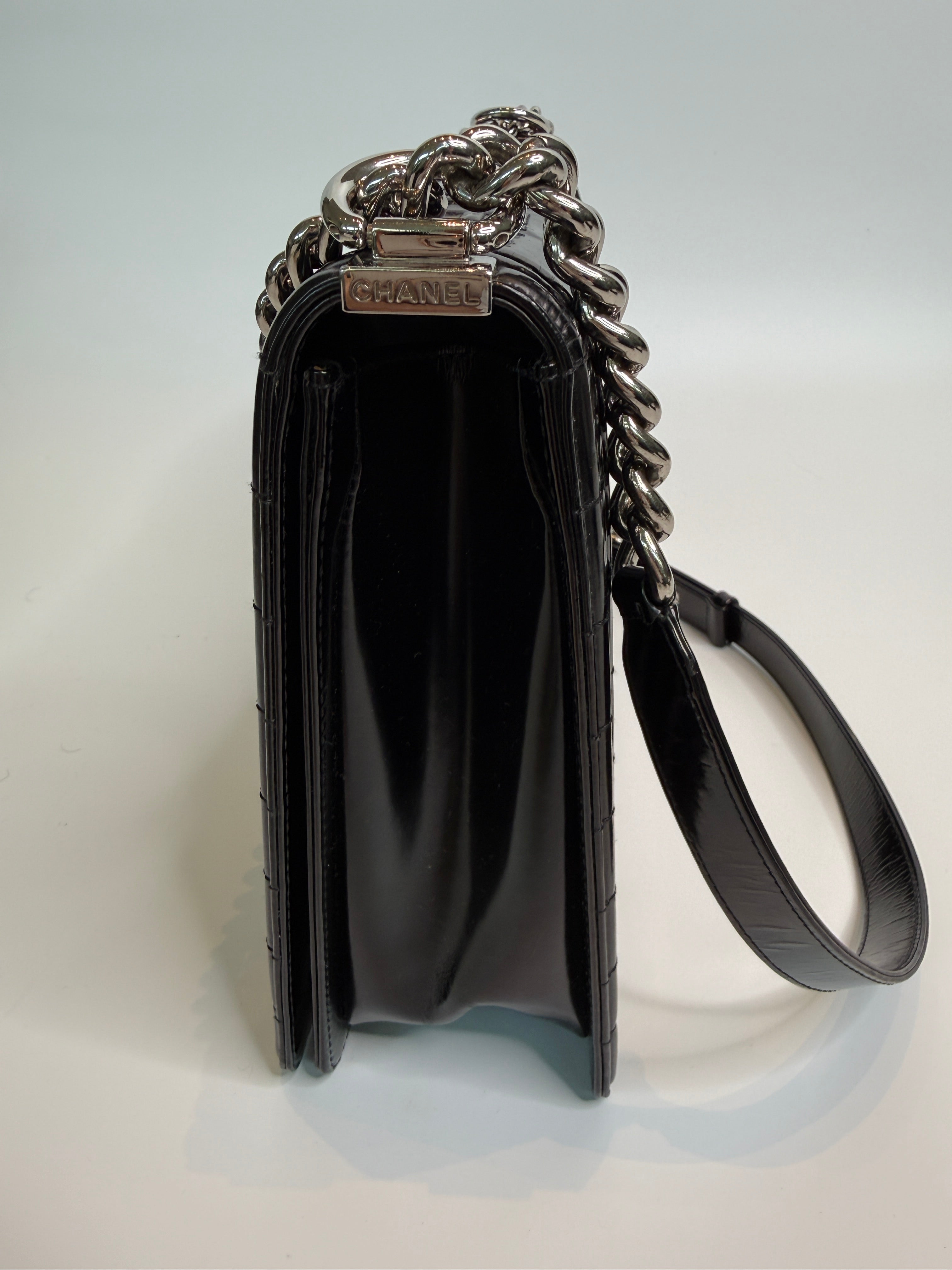 Authentic Pre Loved Chanel Large Boy Bag In Black Patent Leather With Silver Hardware