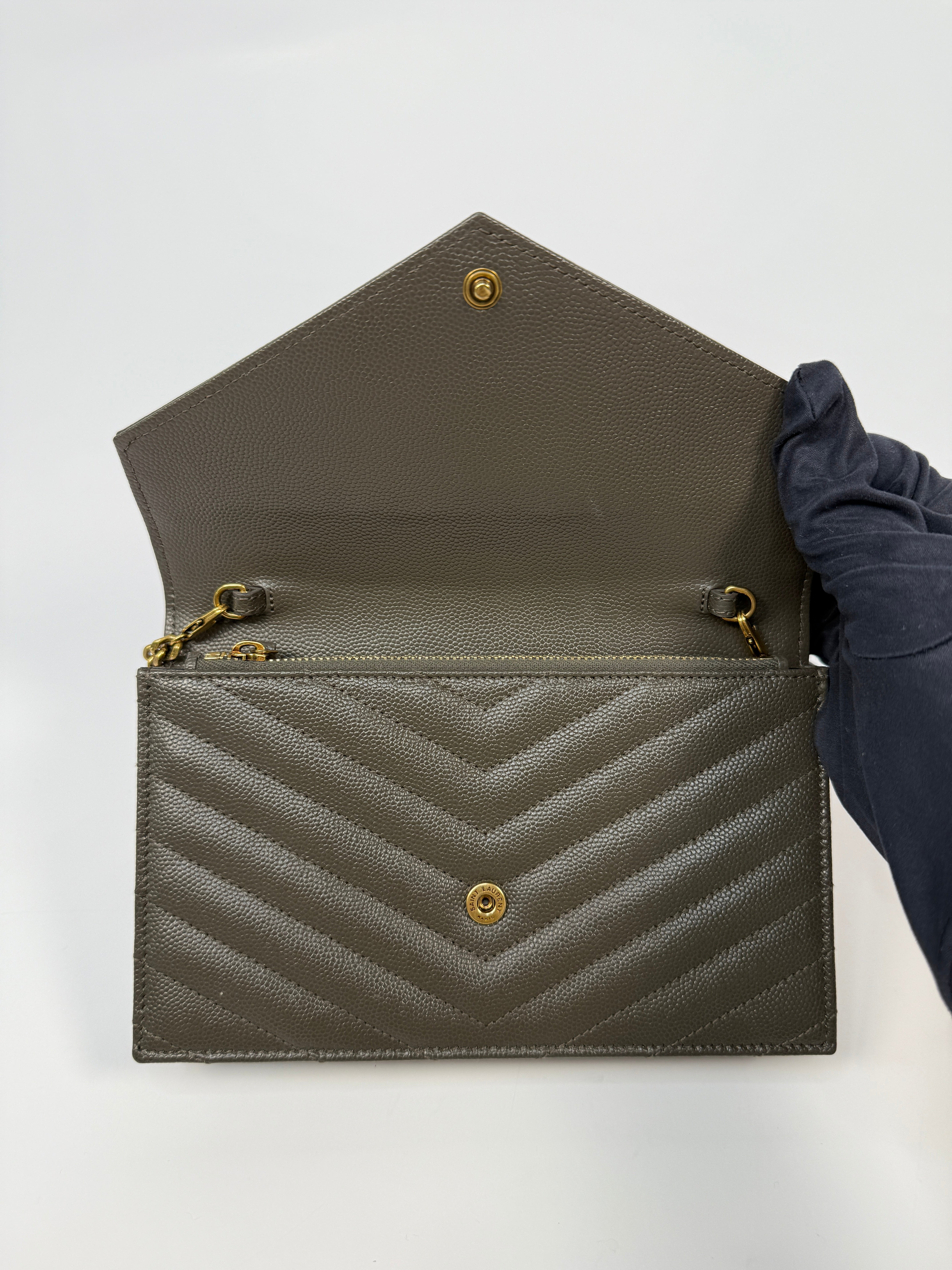 Saint Laurent Cassandre Matelassé Textured- Leather Wallet On Chain In Khaki With Gold Hardware. Authentic and preloved. Excellent condition. 100% Authenticity guarantee