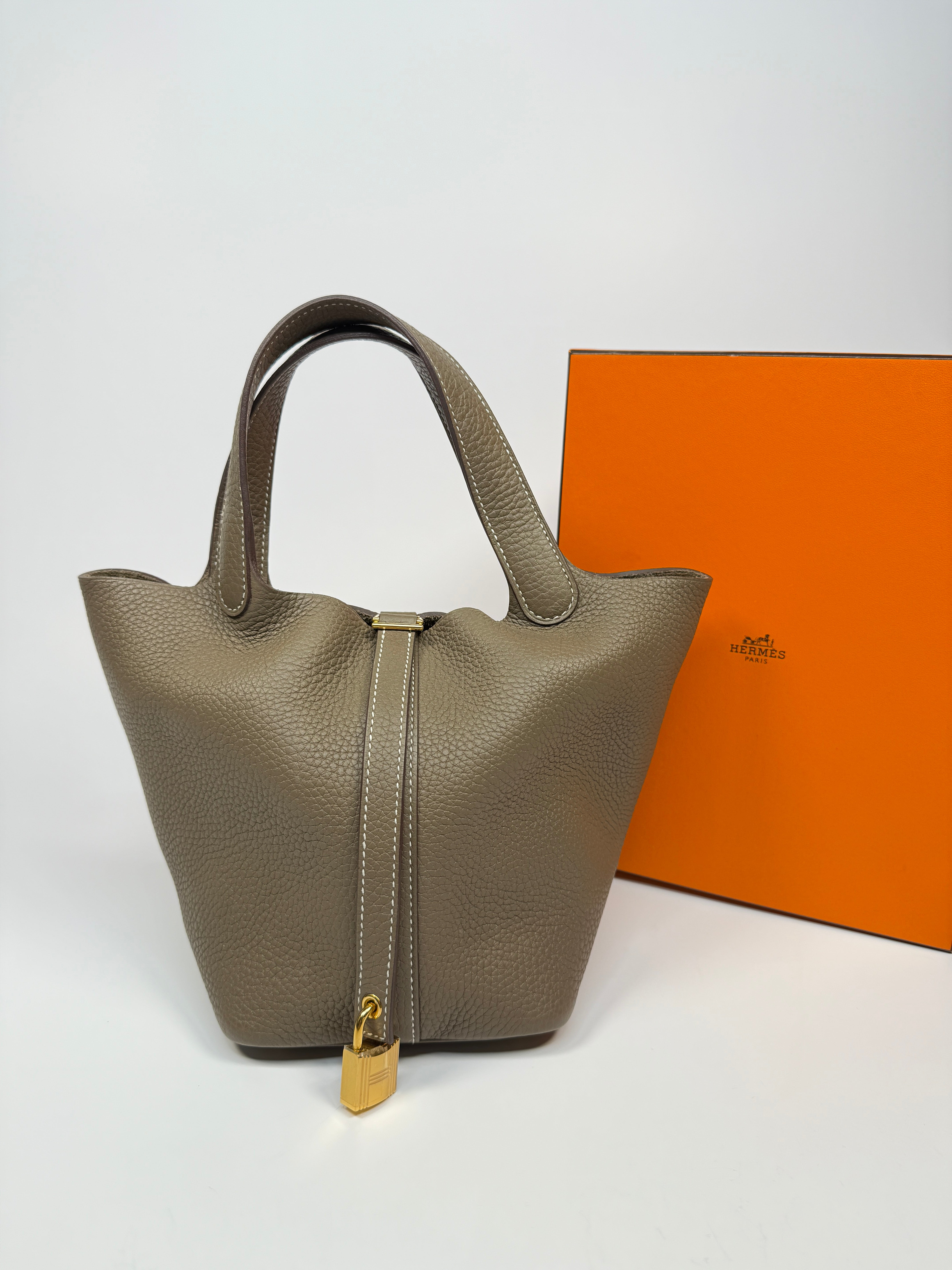 Authentic Pre Loved Hermès Picotin 18 In Etoupe Clemence Leather With Gold Hardware Excellent Condition