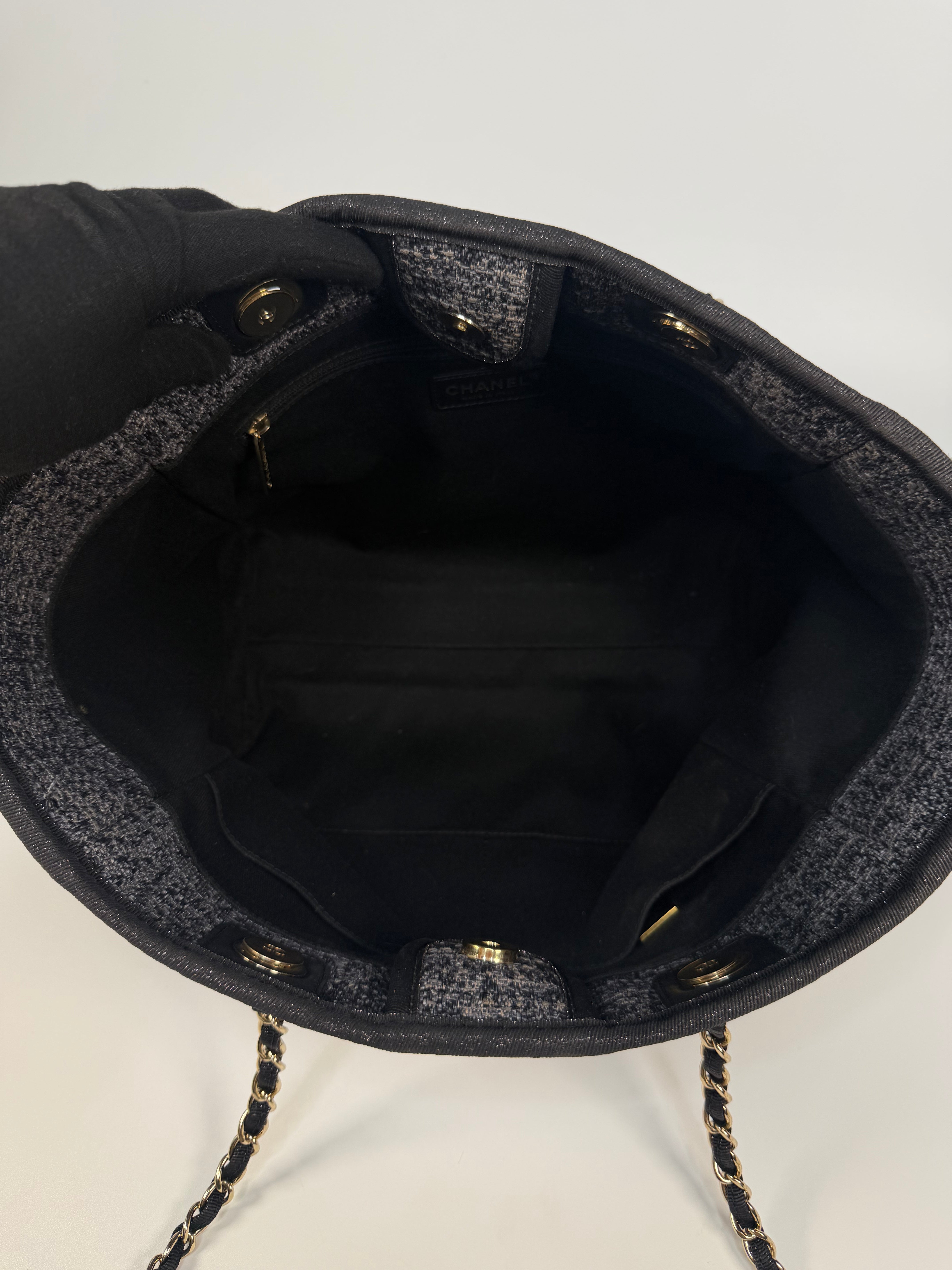Chanel Small Deauville Tote Bag Navy / Dark Grey With Pale Gold Hardware. 100% authentic and preloved in excellent condition.