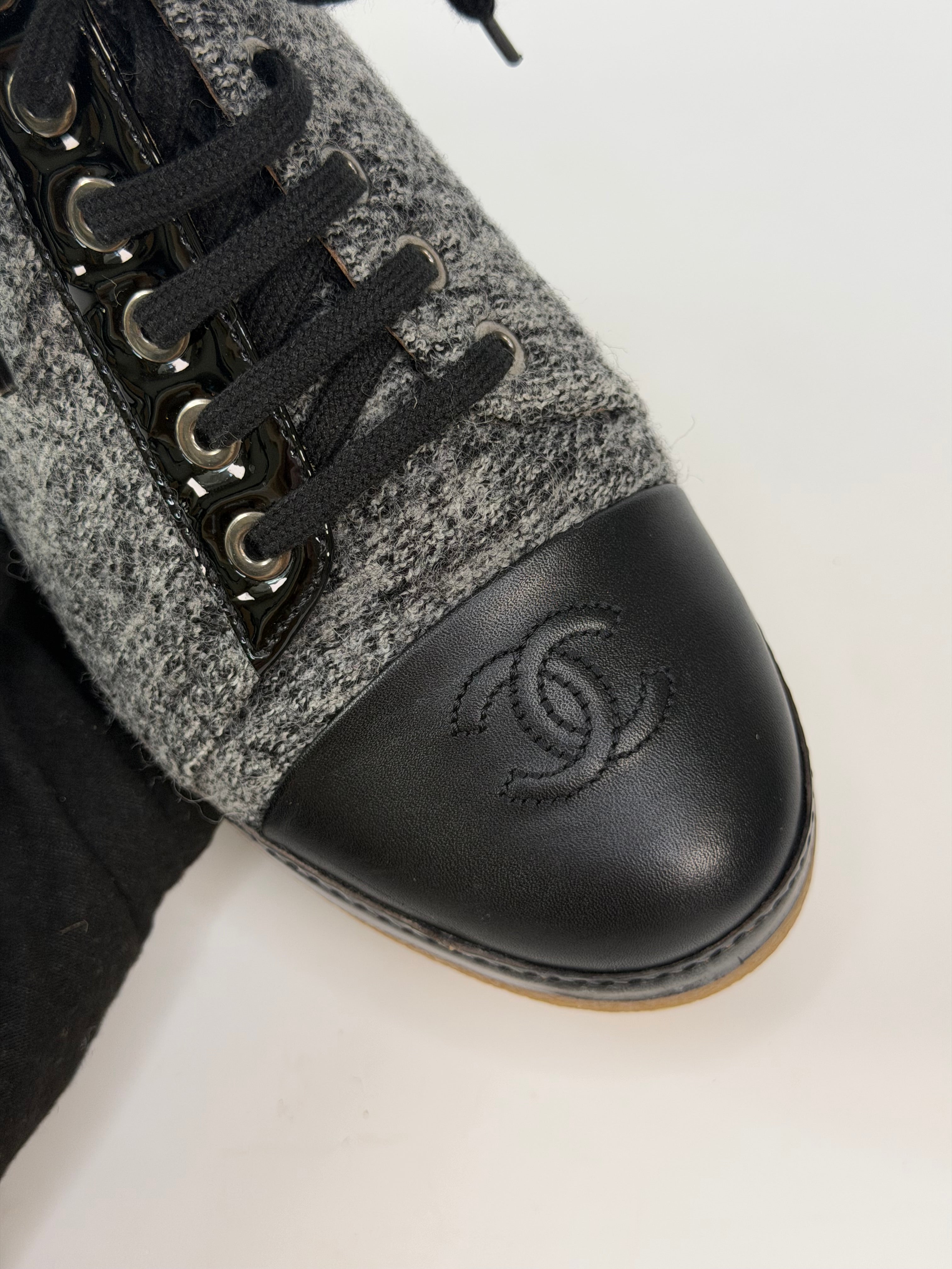 Chanel CC Lace Up Ankle Boots In Grey & Black Tweed (Size 37/UK4) 100% authentic and preloved in excellent condition