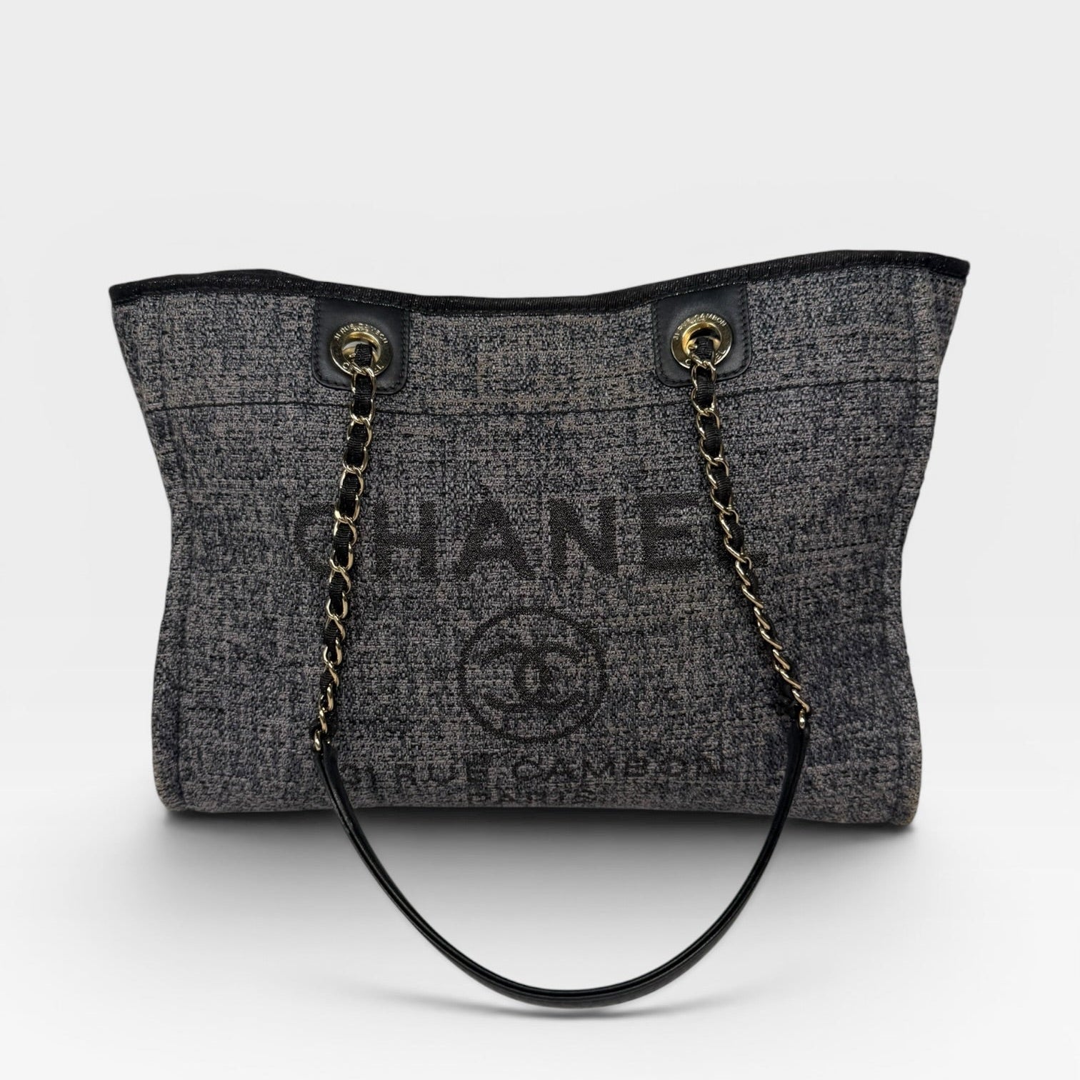 Chanel Small Deauville Tote Bag Navy / Dark Grey With Pale Gold Hardware. 100% authentic and preloved in excellent condition.
