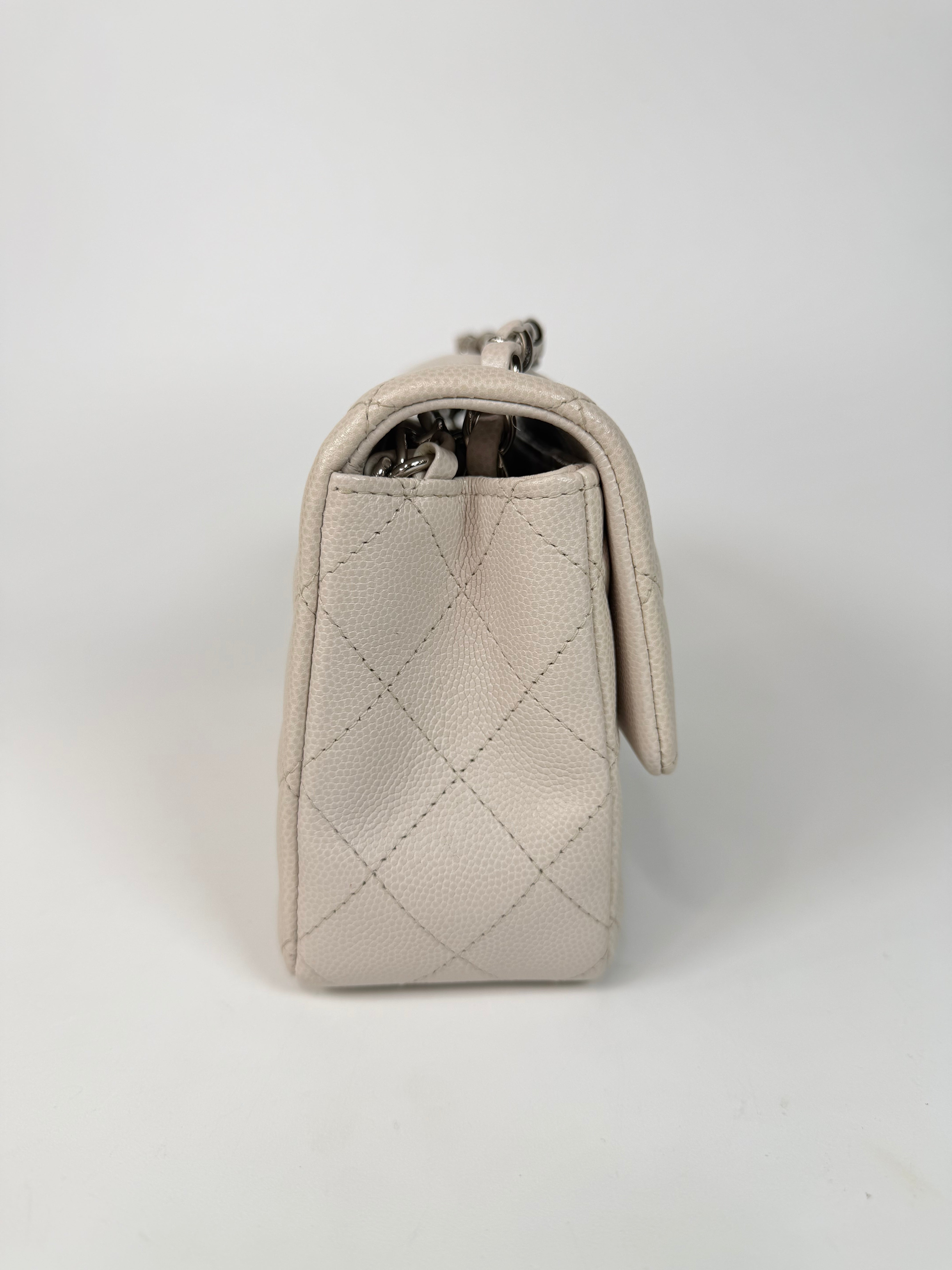 Chanel Mini Rectangle Pale Grey Caviar Leather With Silver Hardware in excellent condition 100% authentic and preloved