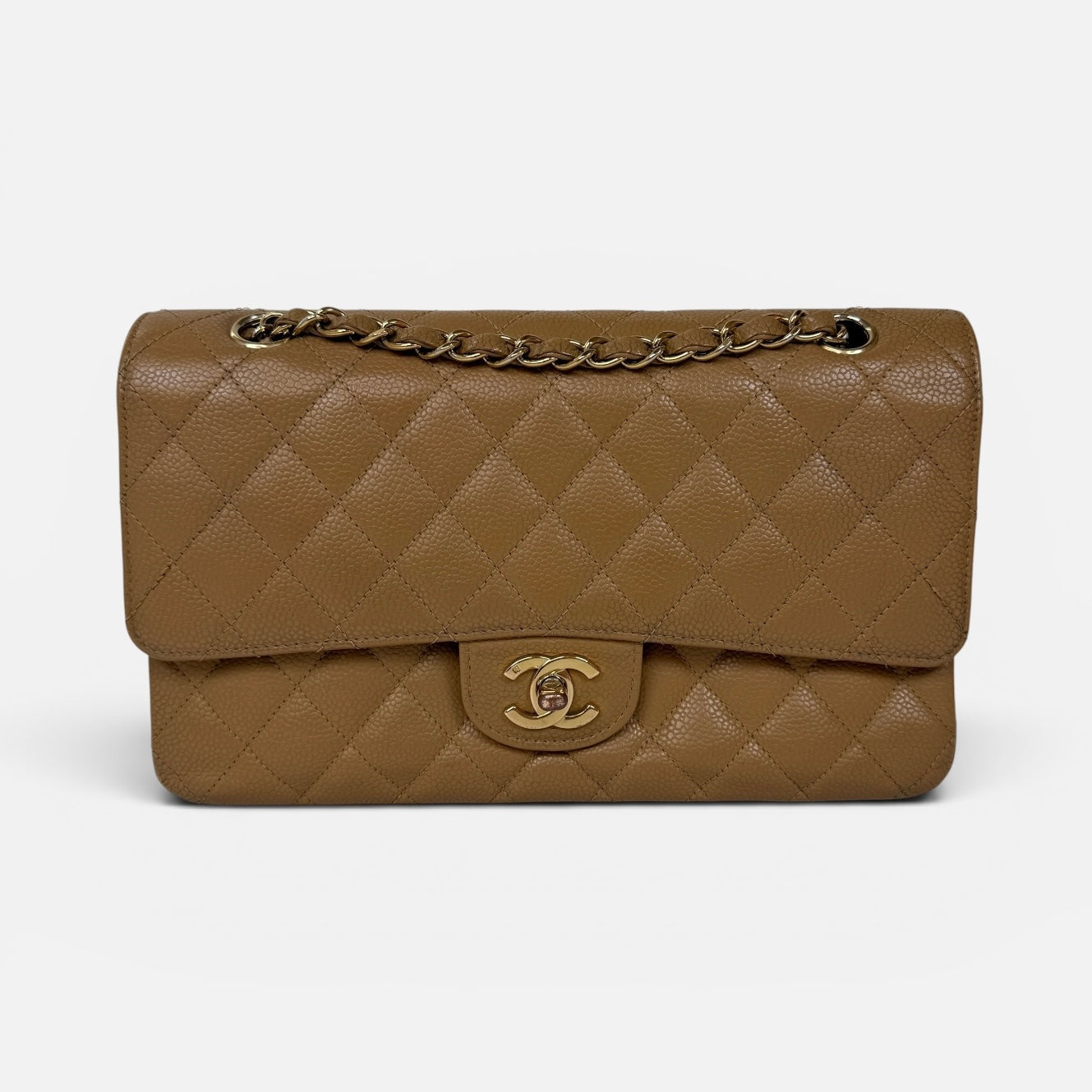 Chanel Vintage Medium Classic Double Flap In Camel Caviar Leather With Gold Hardware