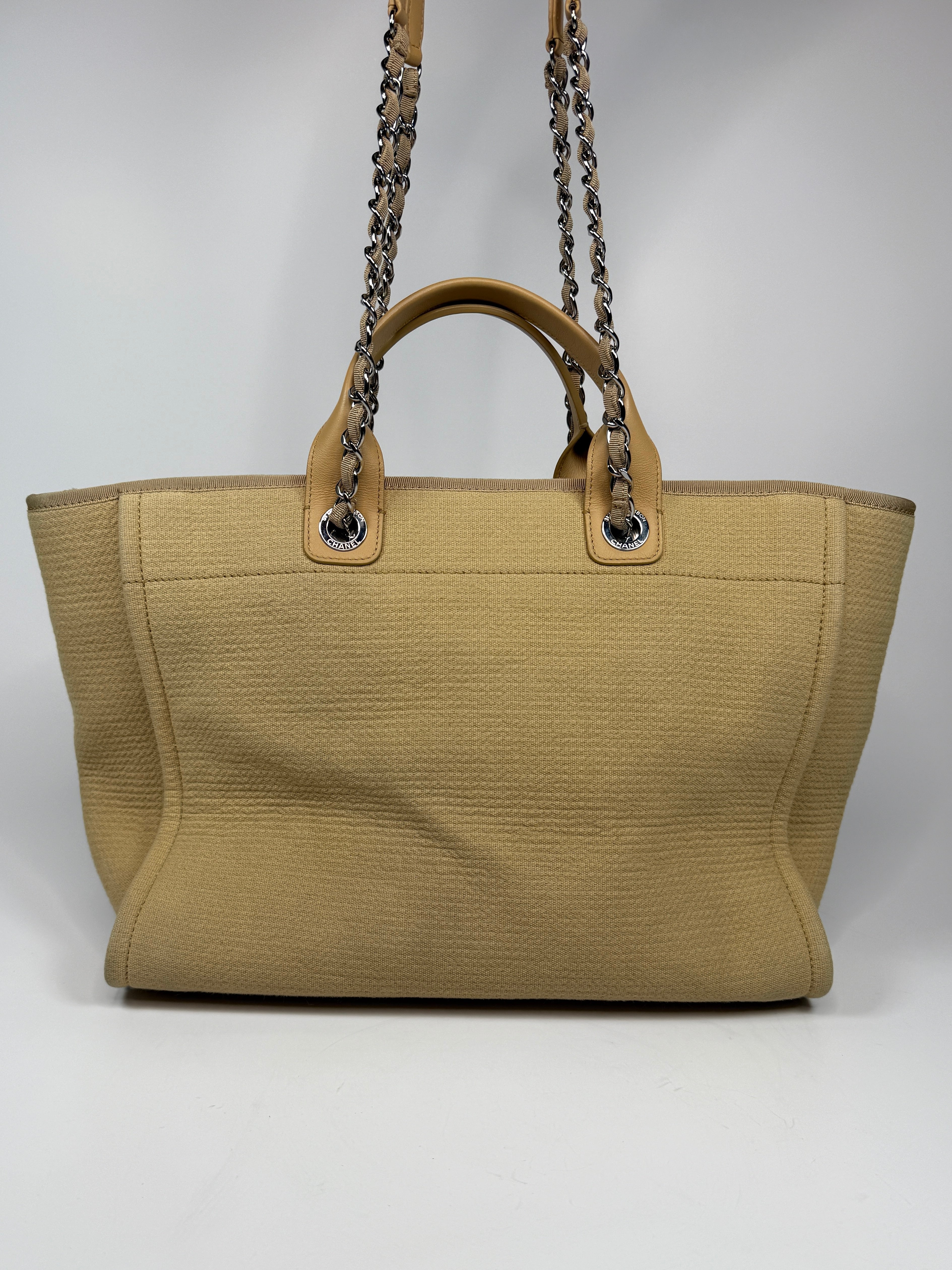 Chanel Large Deauville Tote Bag Large In Beige Fabric With Silver Hardware. Authentic and preloved In Very Good condition