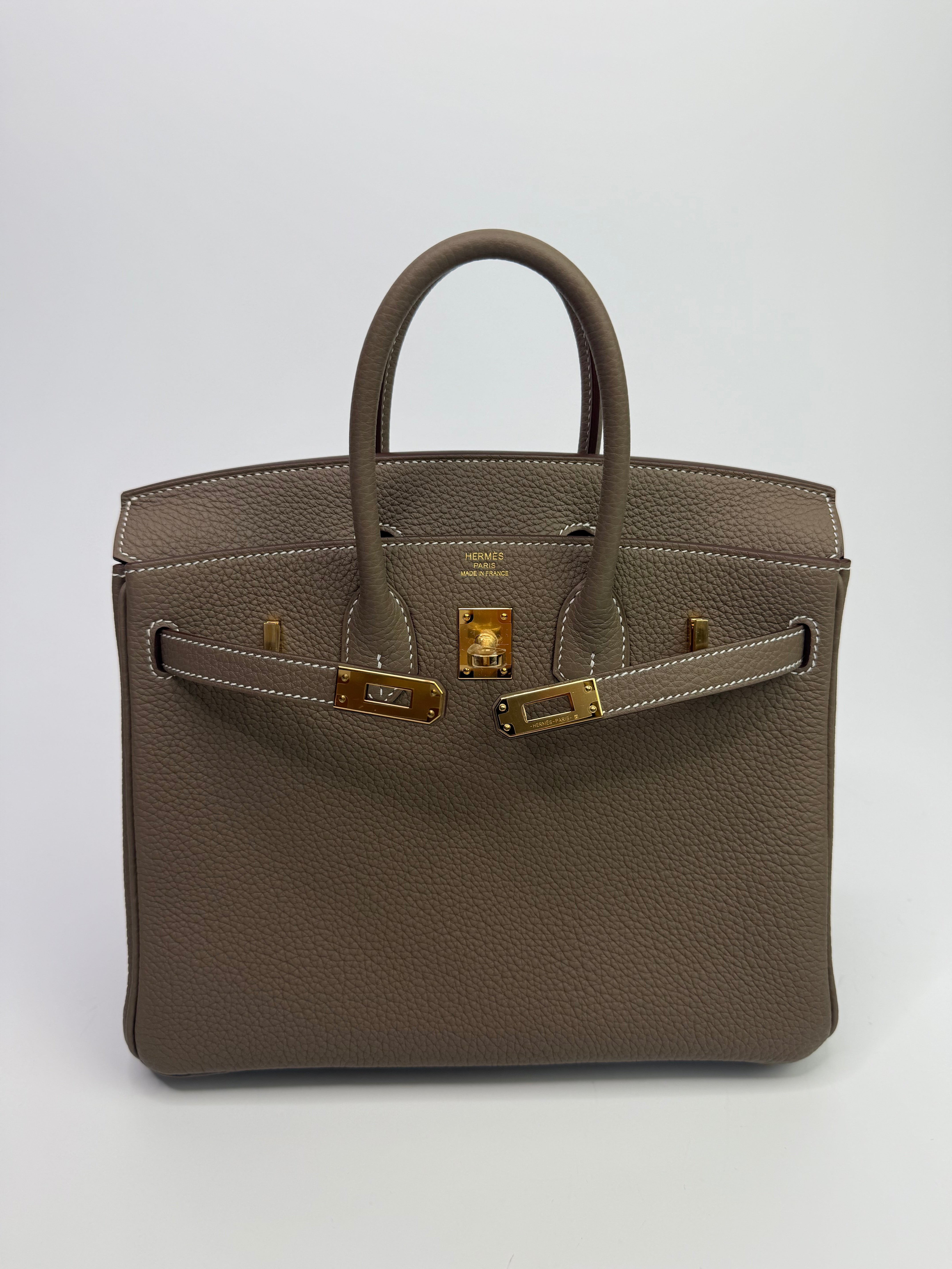 Authentic Pre Loved Hermès Birkin 25 Retourne Etoupe Togo Leather With Gold Hardware New & Unused Condition