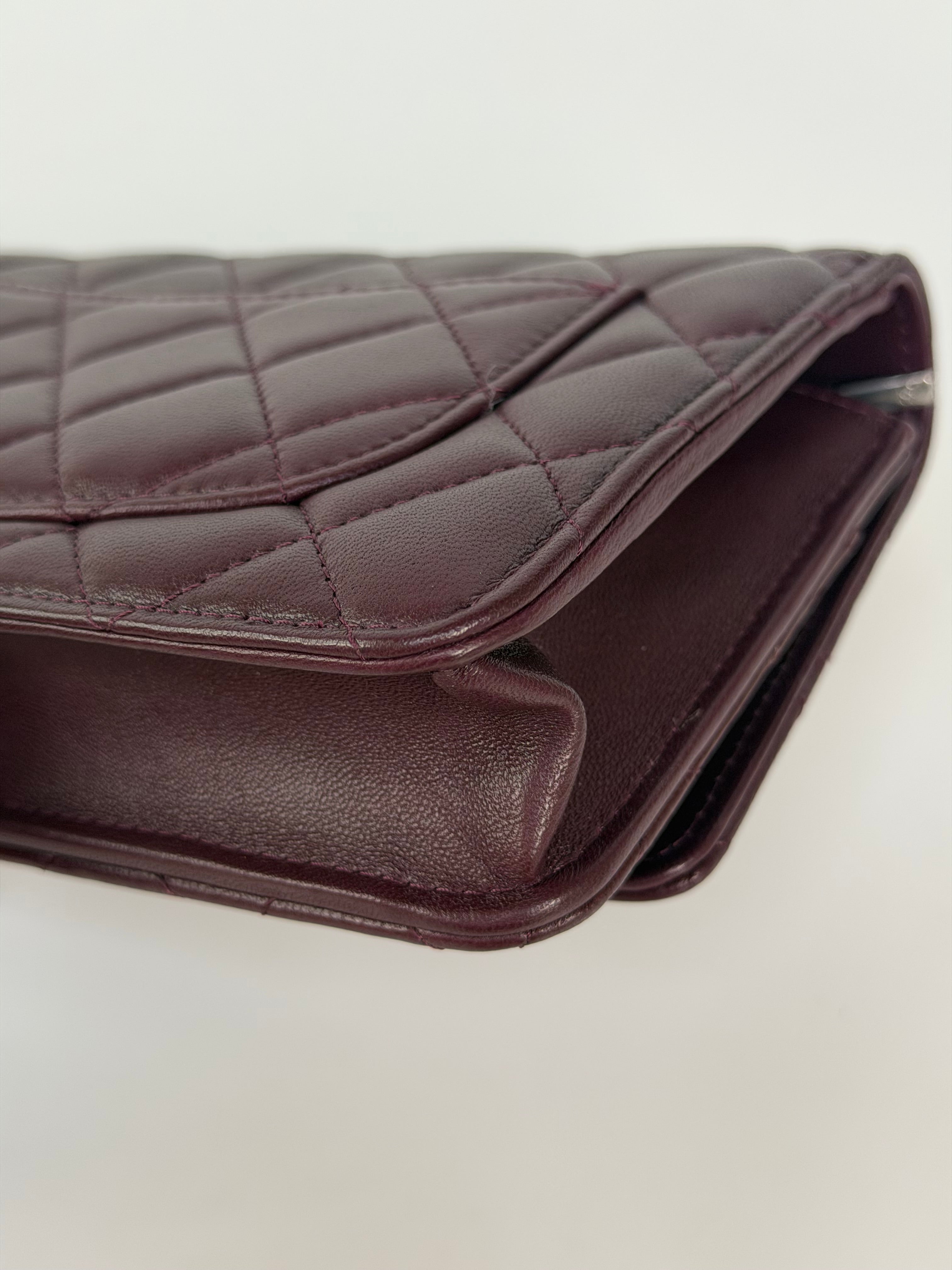 Chanel Wallet On Chain In Burgundy Lambskin With Silver Hardware. Authentic and preloved in excellent condition. 100% Guarantee