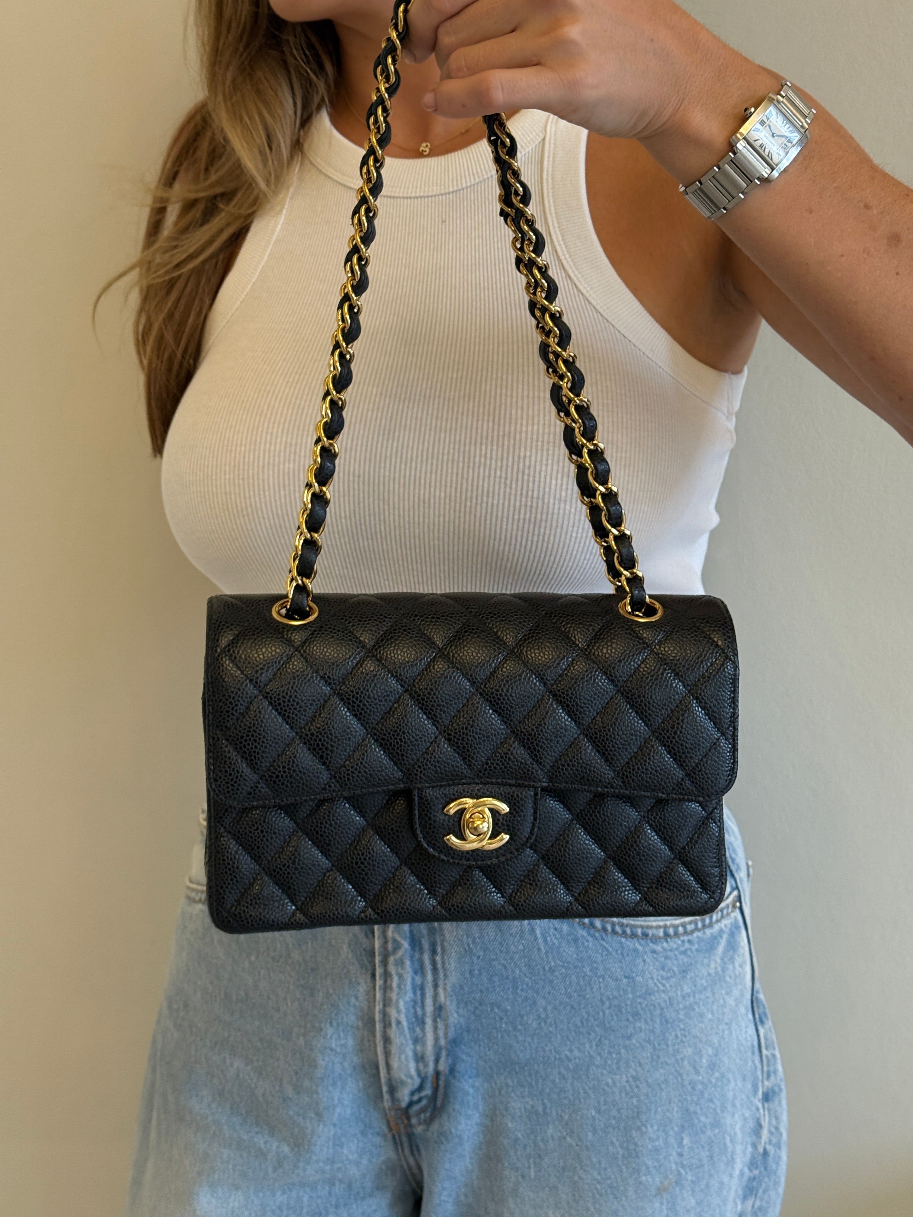 Chanel Small Classic Double Flap In Black Caviar Leather With GHW