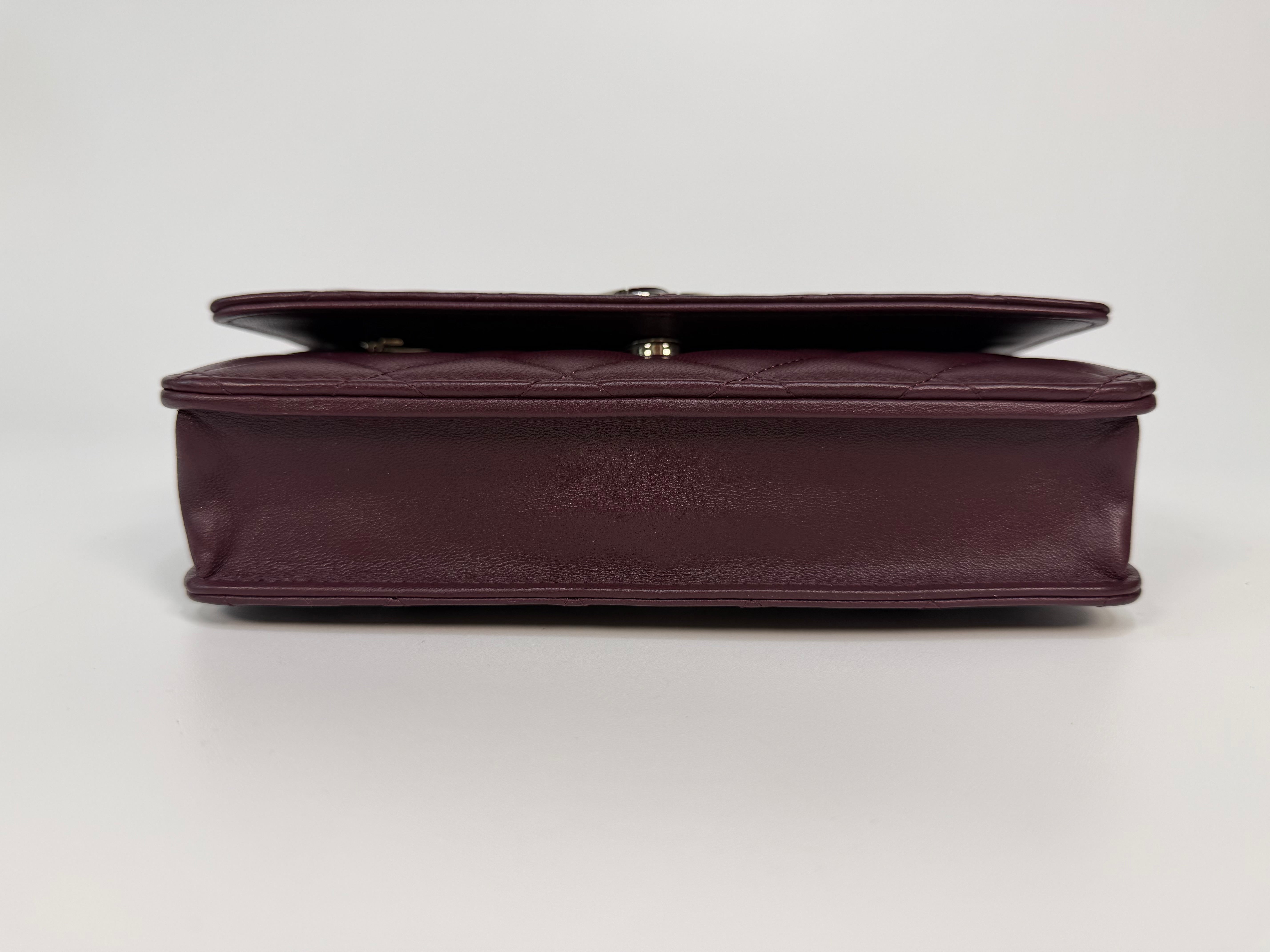 Chanel Wallet On Chain In Burgundy Lambskin With Silver Hardware. Authentic and preloved in excellent condition. 100% Guarantee