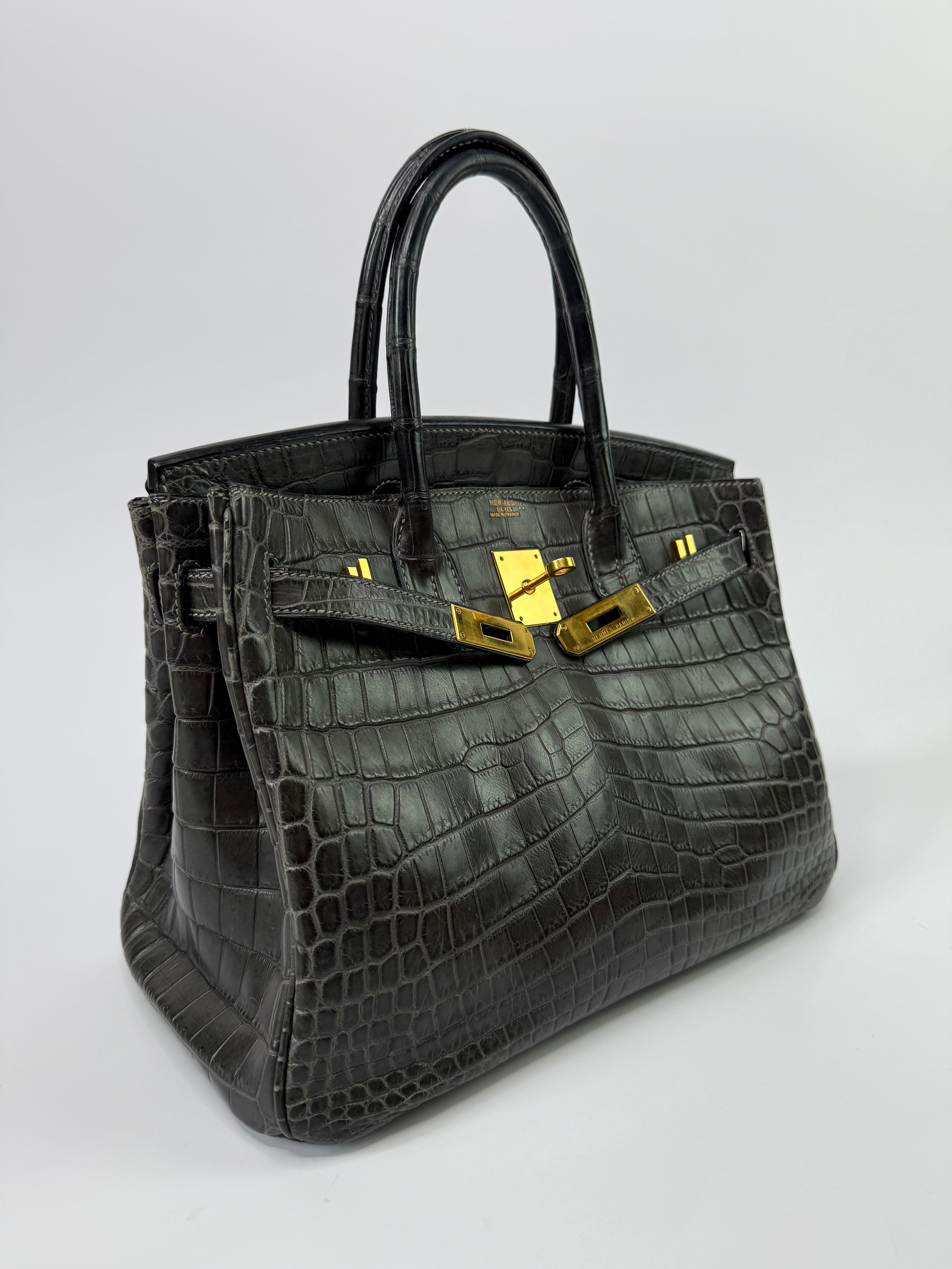 Authentic Pre Loved Hermès Birkin 30 In Matte Graphite Crocodile With Gold Hardware Excellent Condition