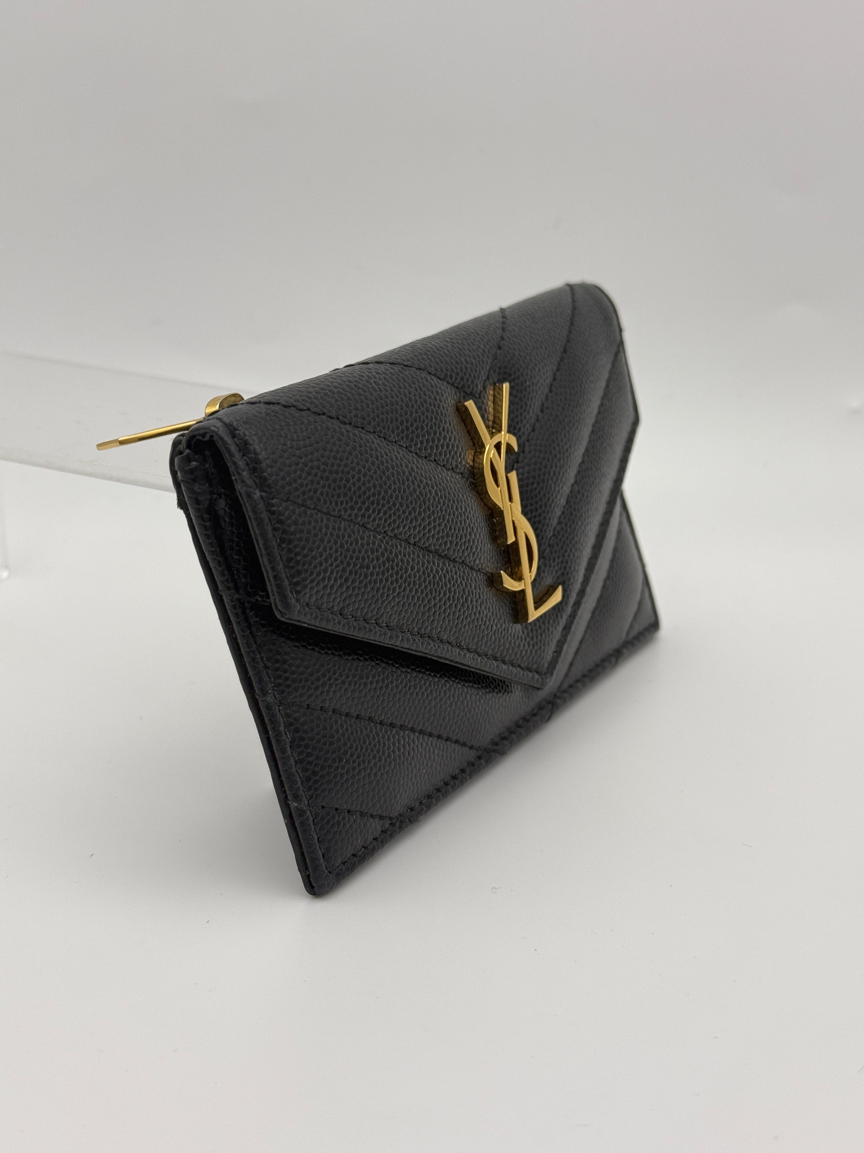 Saint Laurent Monogram Fragments Metalassé Card Holder Black Leather Gold Hardware. Authentic and preloved. Excellent Condition. 100% Authenticity guarantee
