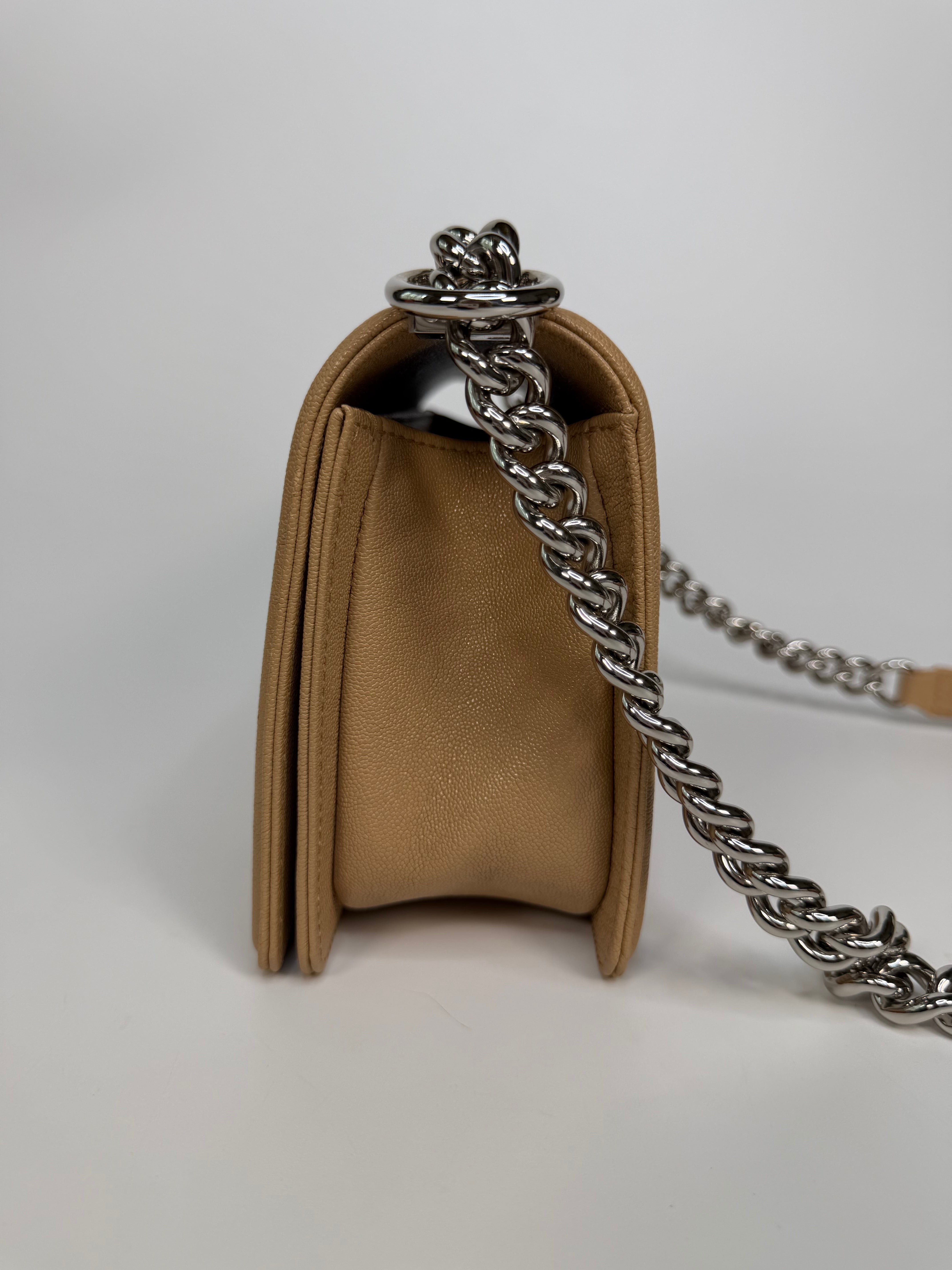 Chanel Medium Boy Bag Beige Caviar With Silver Hardware. Authentic and preloved in excellent condition