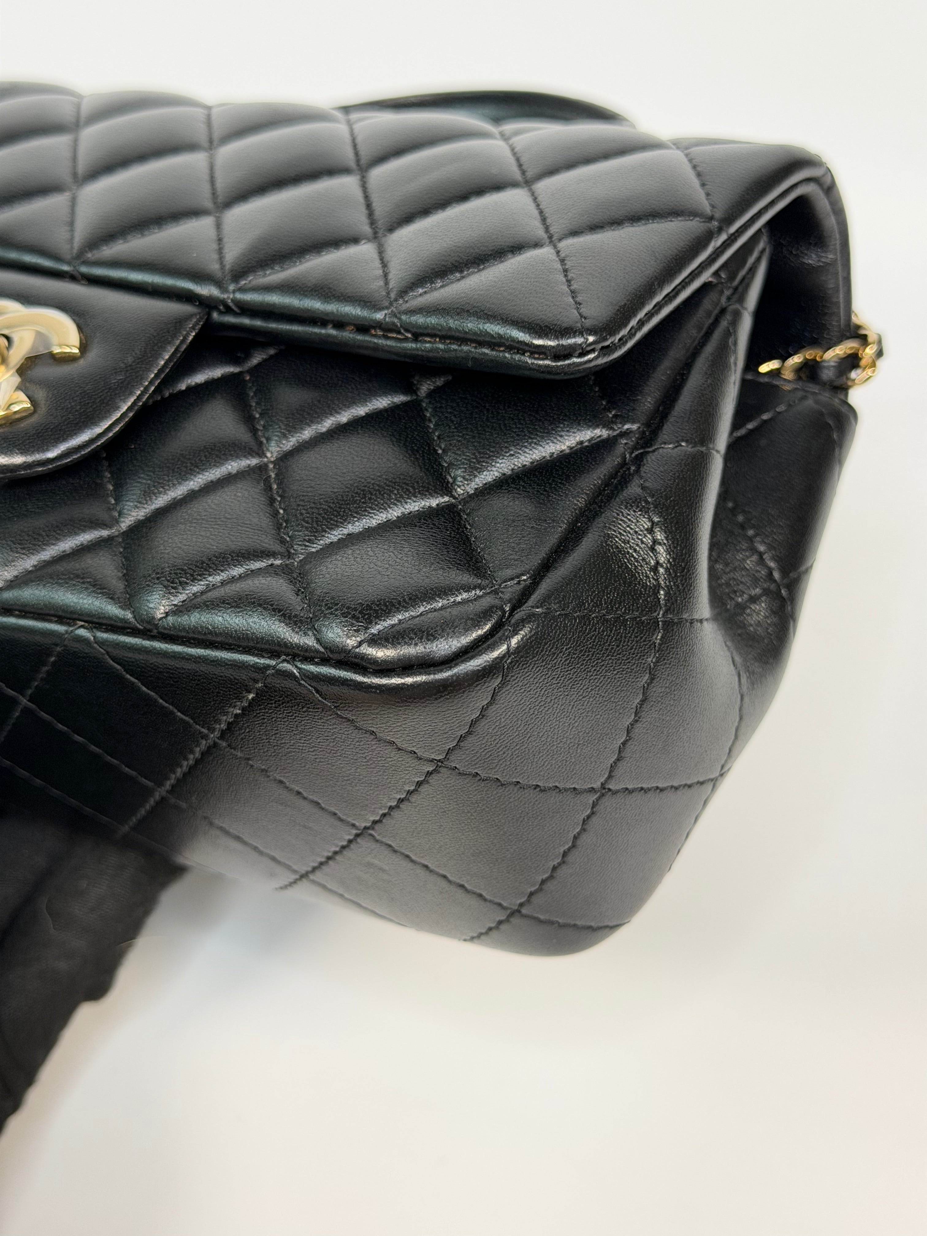 Chanel Mini Rectangle Top Handle In Black Lambskin Leather With Pale Gold Hardware. Authentic and preloved in excellent condition.
