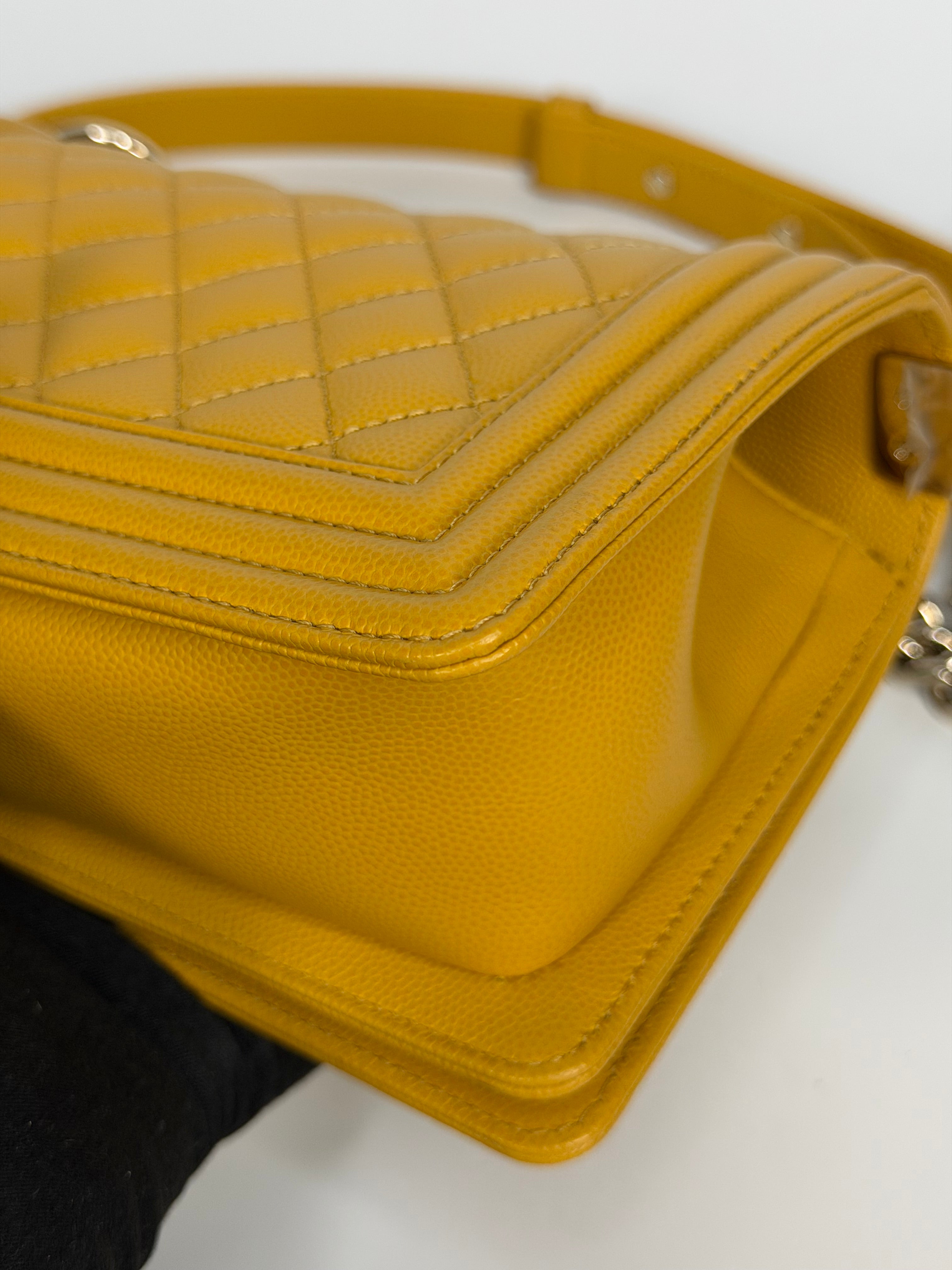 Chanel Small Boy Bag In Yellow Caviar Leather With Pale Gold Hardware