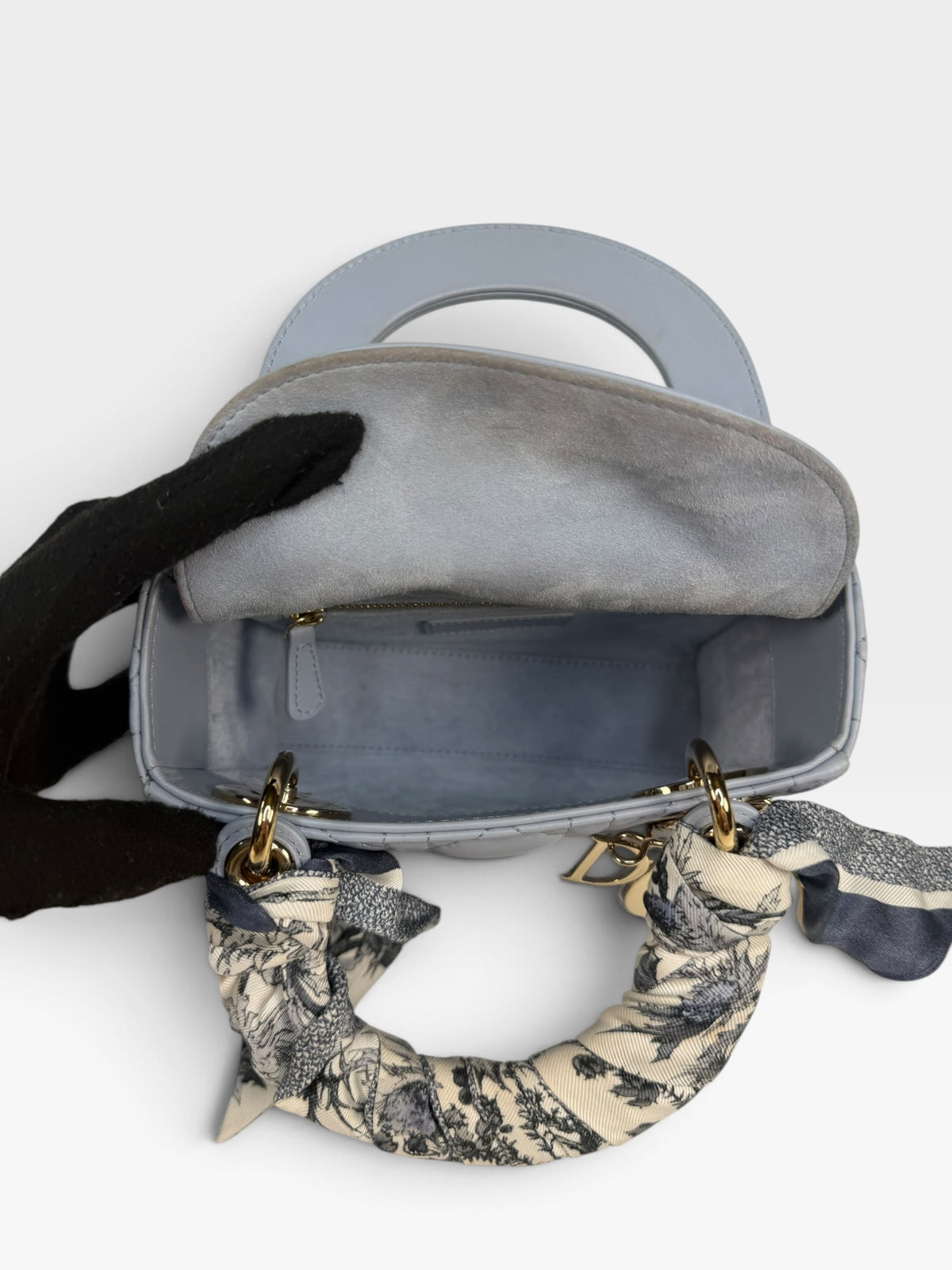 Christian Dior Mini Lady Dior In Pale Blue Cannage Leather With Pale Gold Hardware. 100% Authentic and Preloved in excellent condition. 100% Guarantee