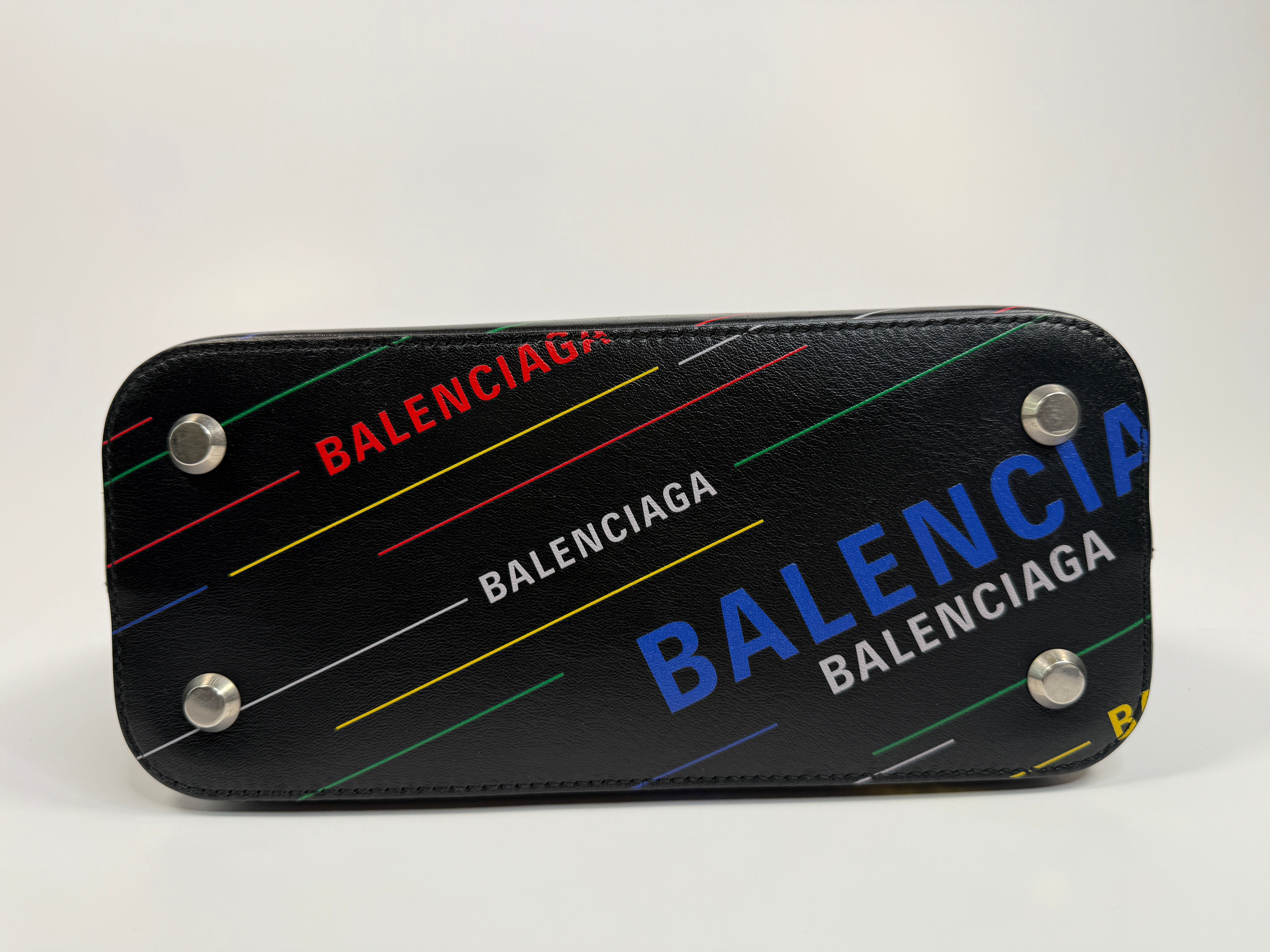 Balenciaga Ville Top Handle Bag In Black with Coloured Logo Writing. Authentic and preloved in excellent condition