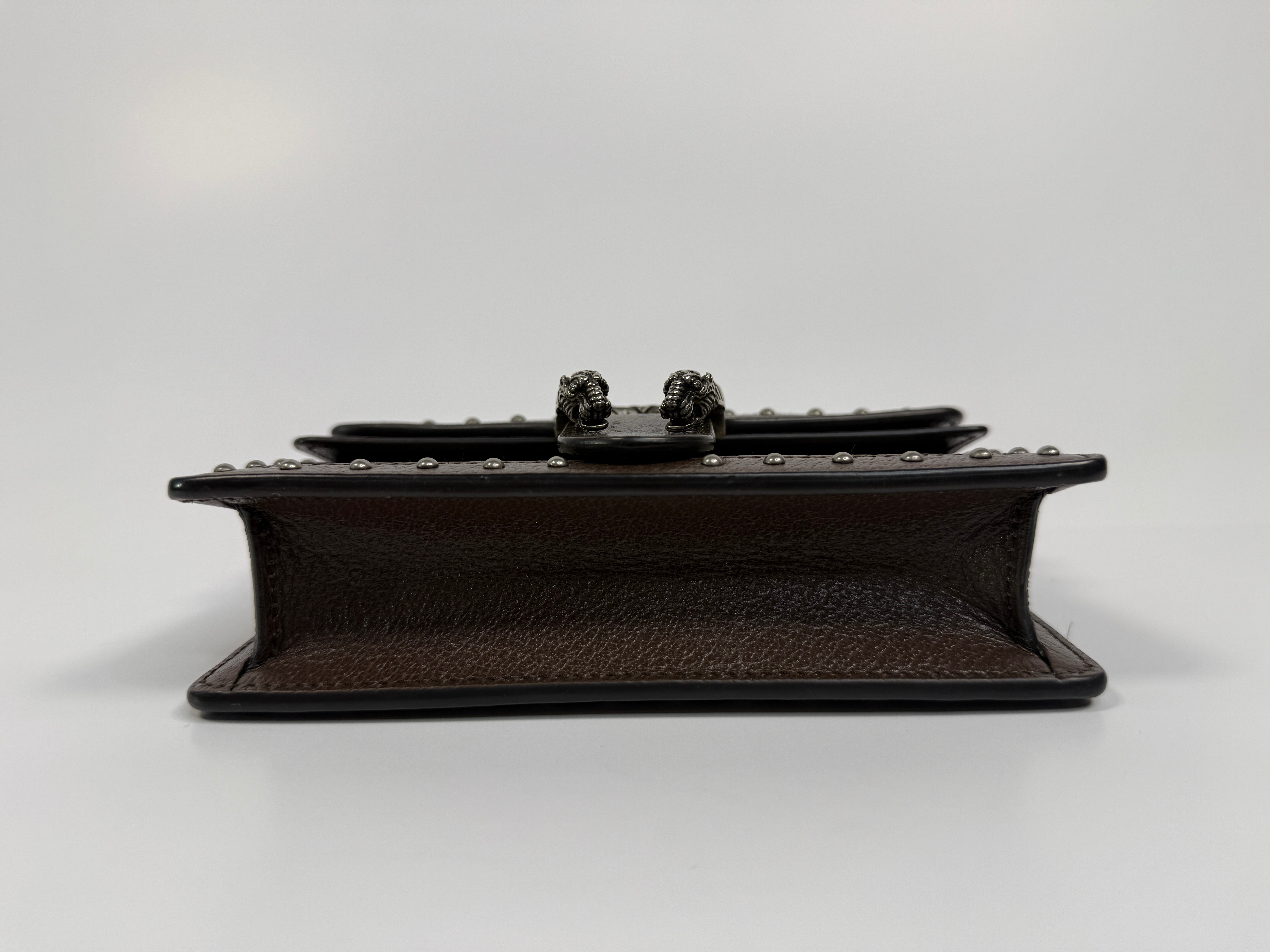 Gucci Mini GG Supreme Studs Dionysus Crossbody Bag In Brown Canvas with silver Hardware In Excellent Condition. Authentic and pre loved