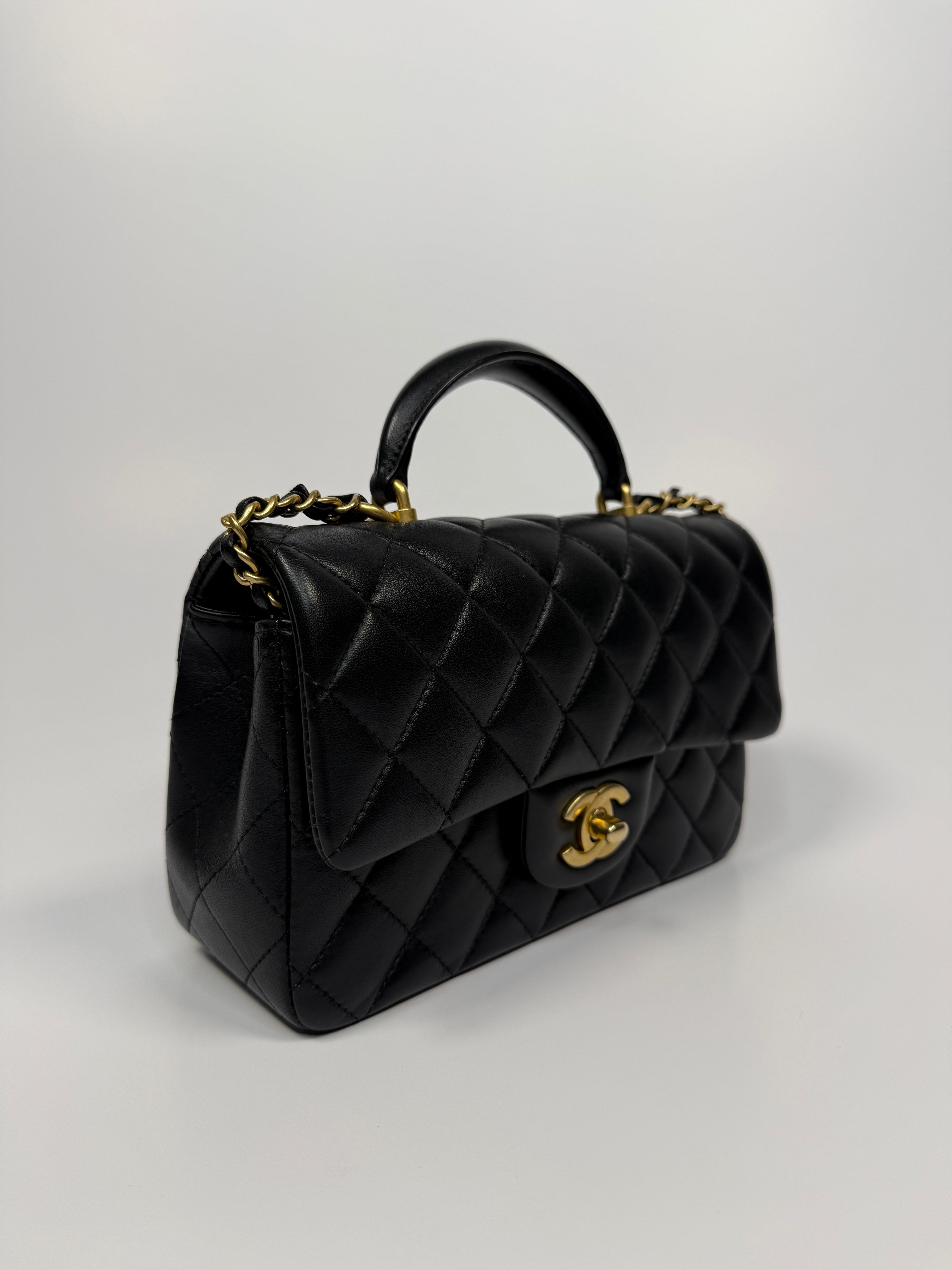 Chanel Mini Rectangle Top Handle Flap Bag In Black Lambskin With GHW