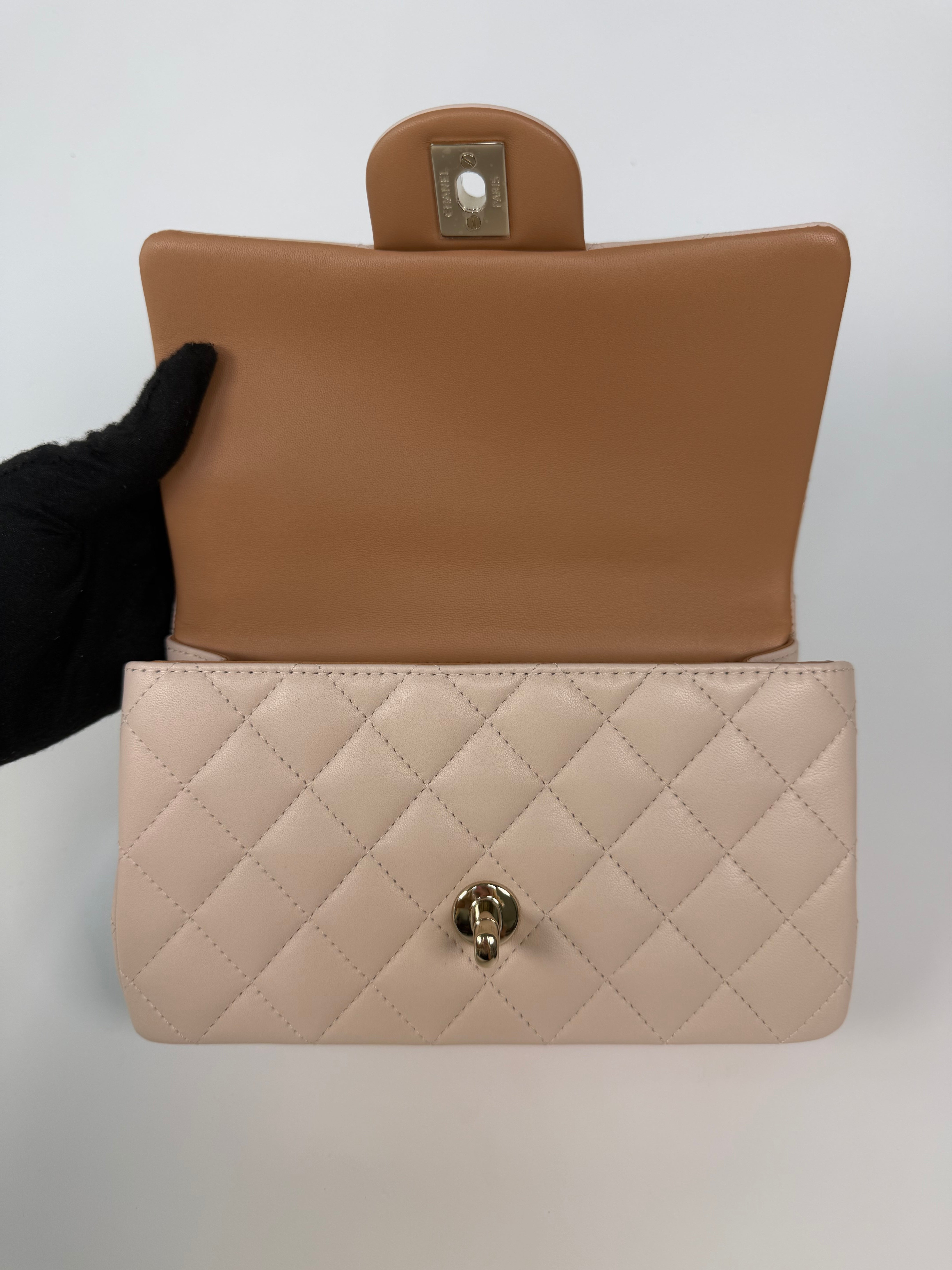 Chanel Mini Rectangle Top Handle In Light Beige Lambskin Leather With Pale Gold Hardware