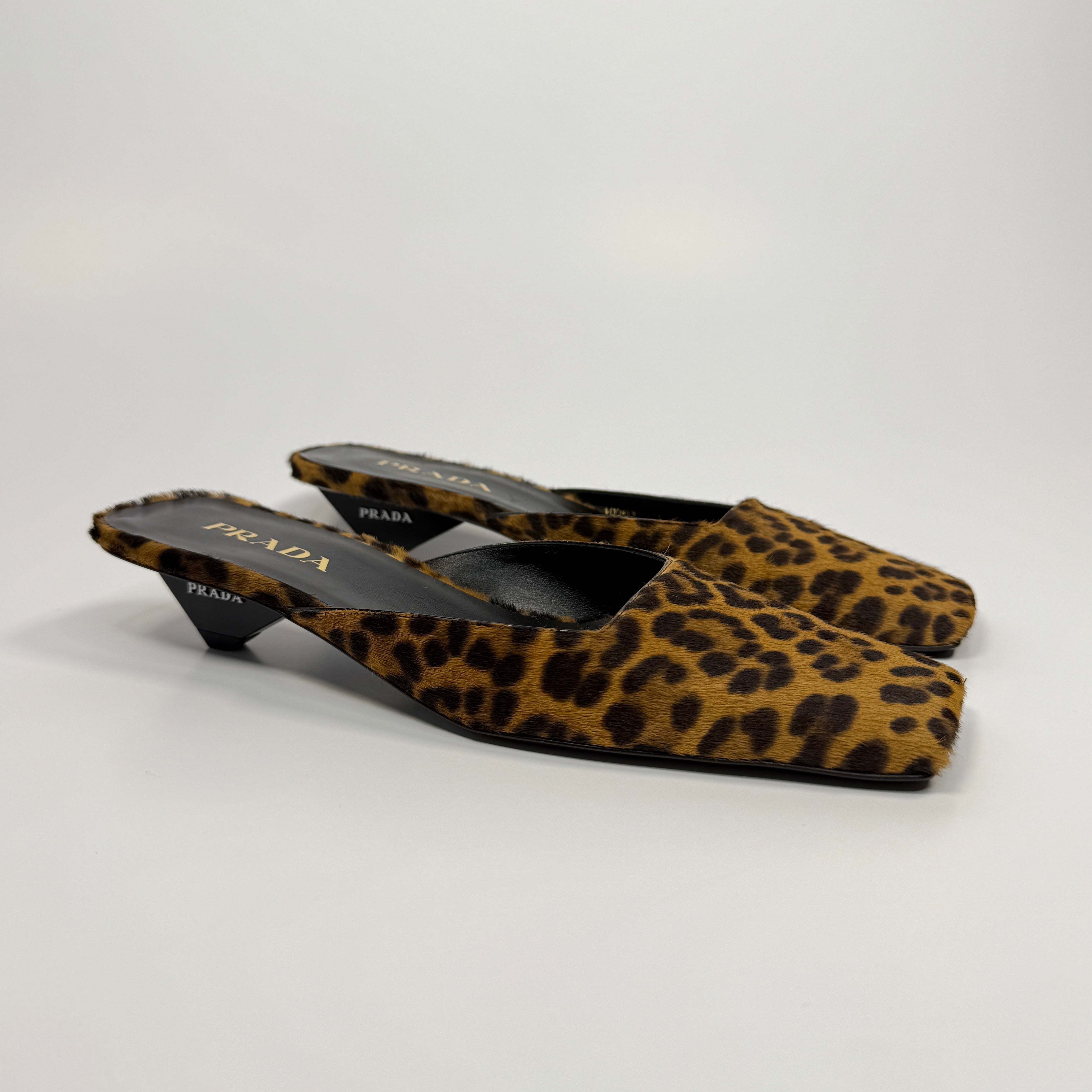 Prada Square Toe Leopard-Print Heeled Mules (Size 39.5/UK6.5)