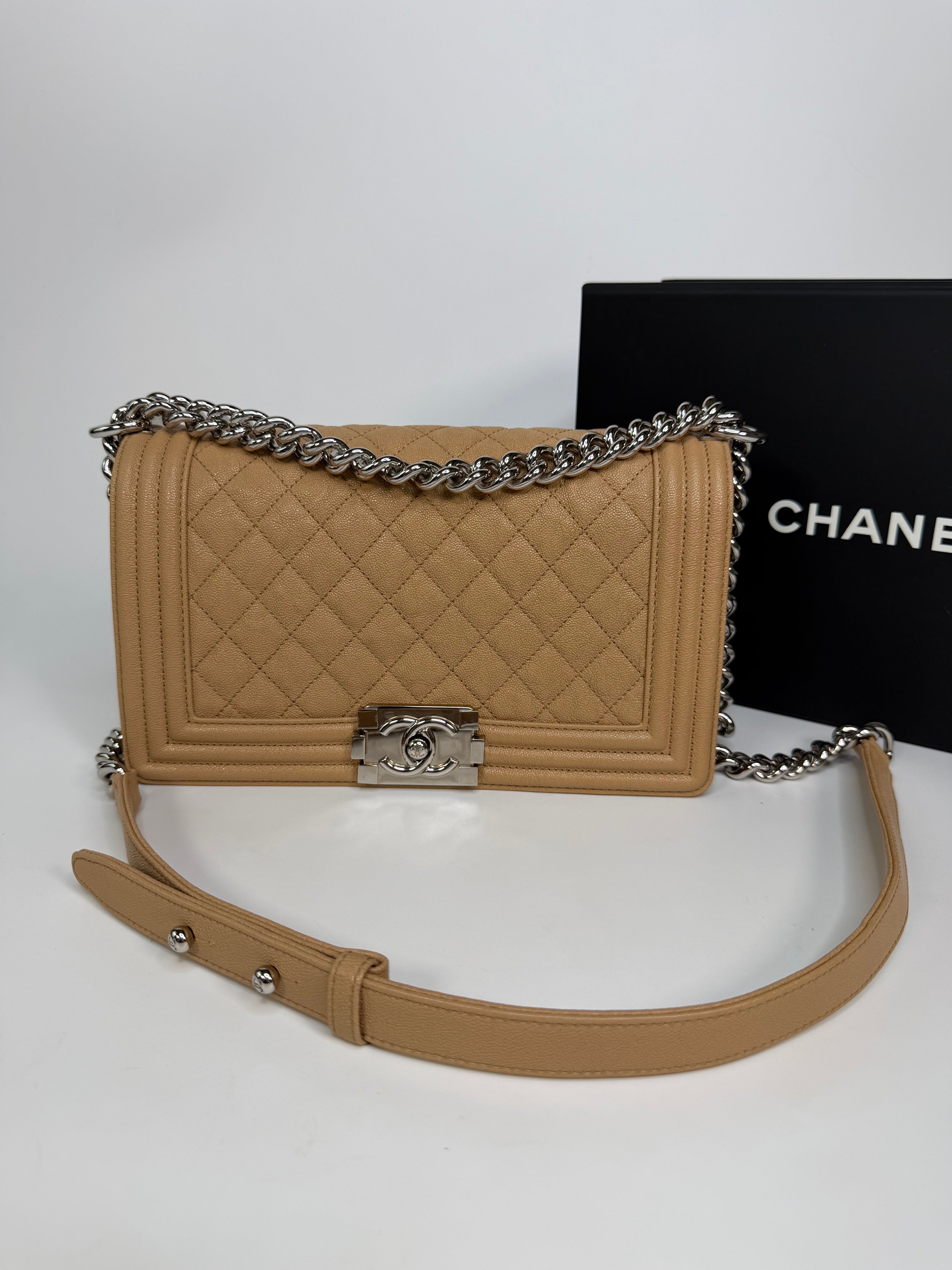 Chanel Medium Boy Bag Beige Caviar With Silver Hardware. Authentic and preloved in excellent condition