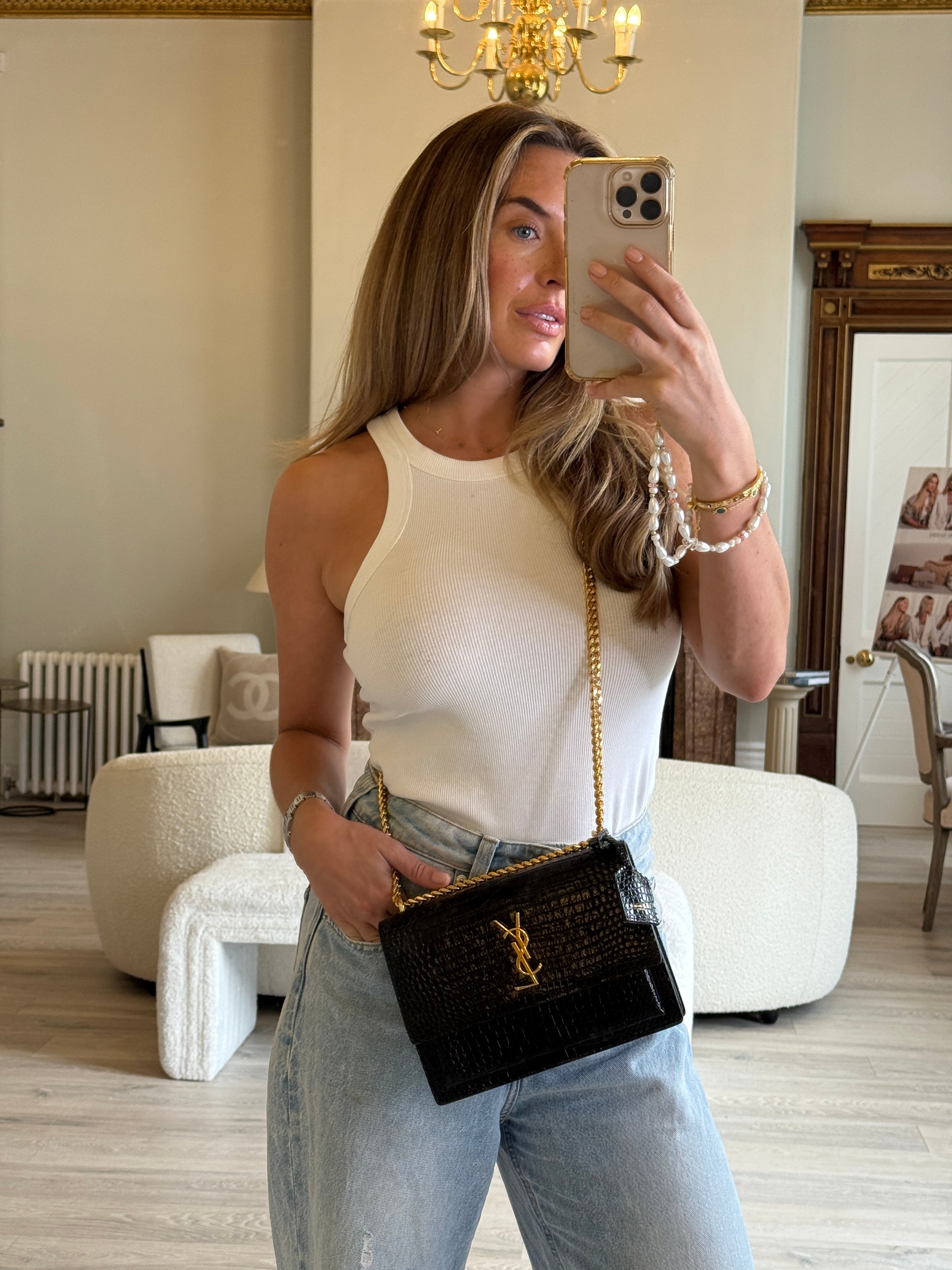 Saint Laurent Black Croc Embossed Sunset Bag