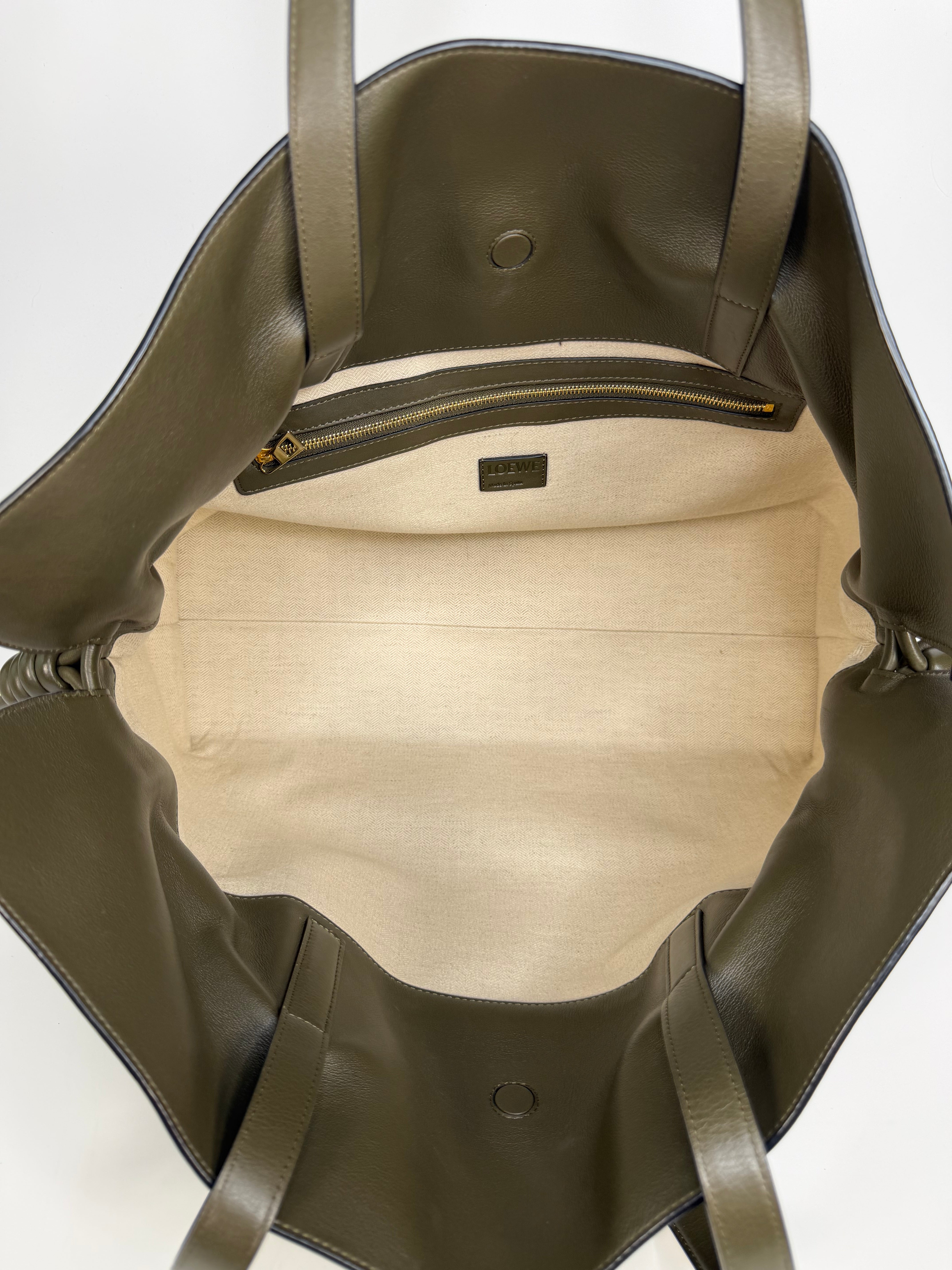 Loewe XL Flamenco Tote Bag In Khaki With Gold Hardware. Authentic and preloved in excellent condition