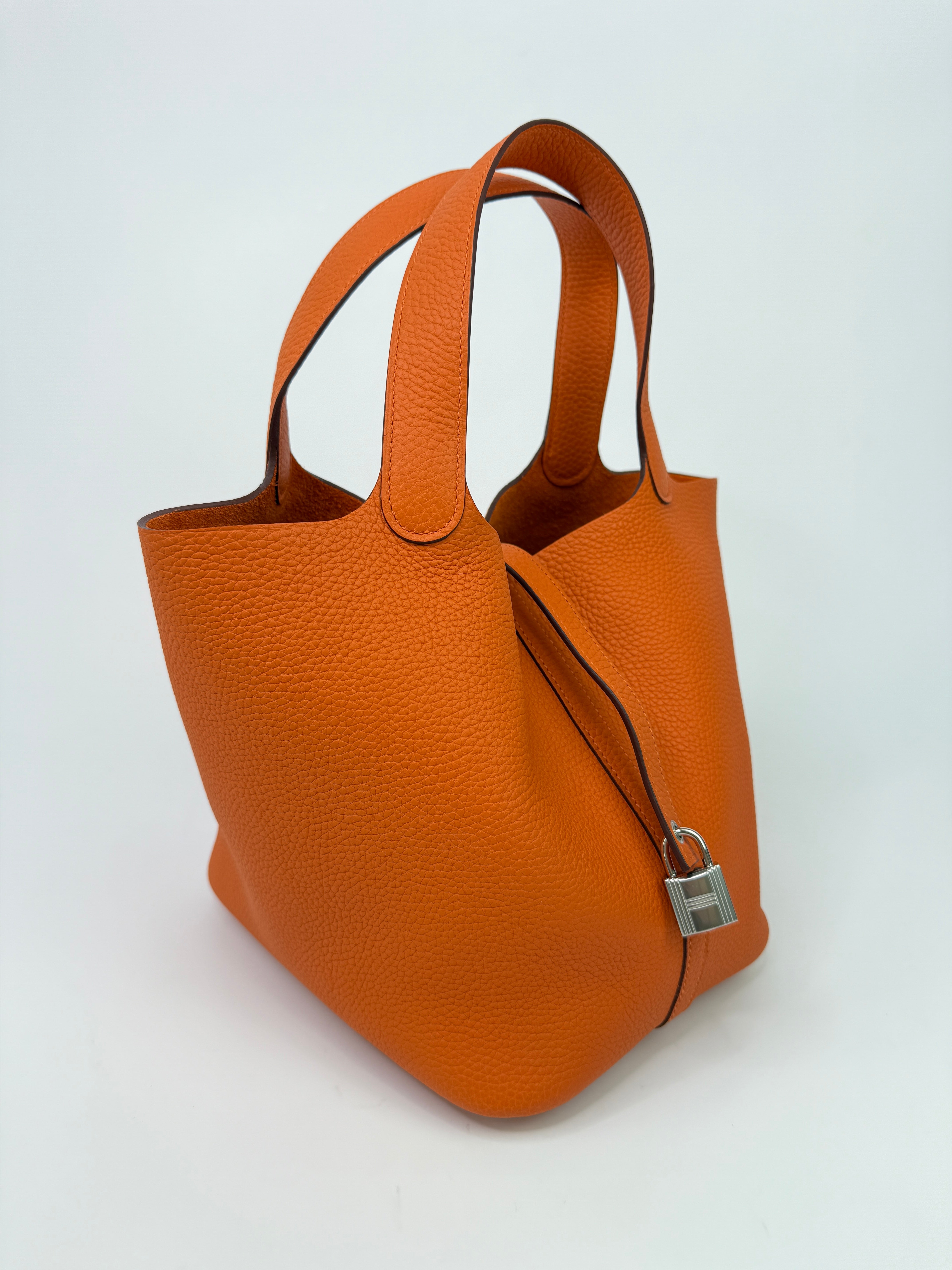 Authentic Pre Loved Hermès Picotin 22 In Orange Clemence Leather With Palladium Hardware New & Unused Condition
