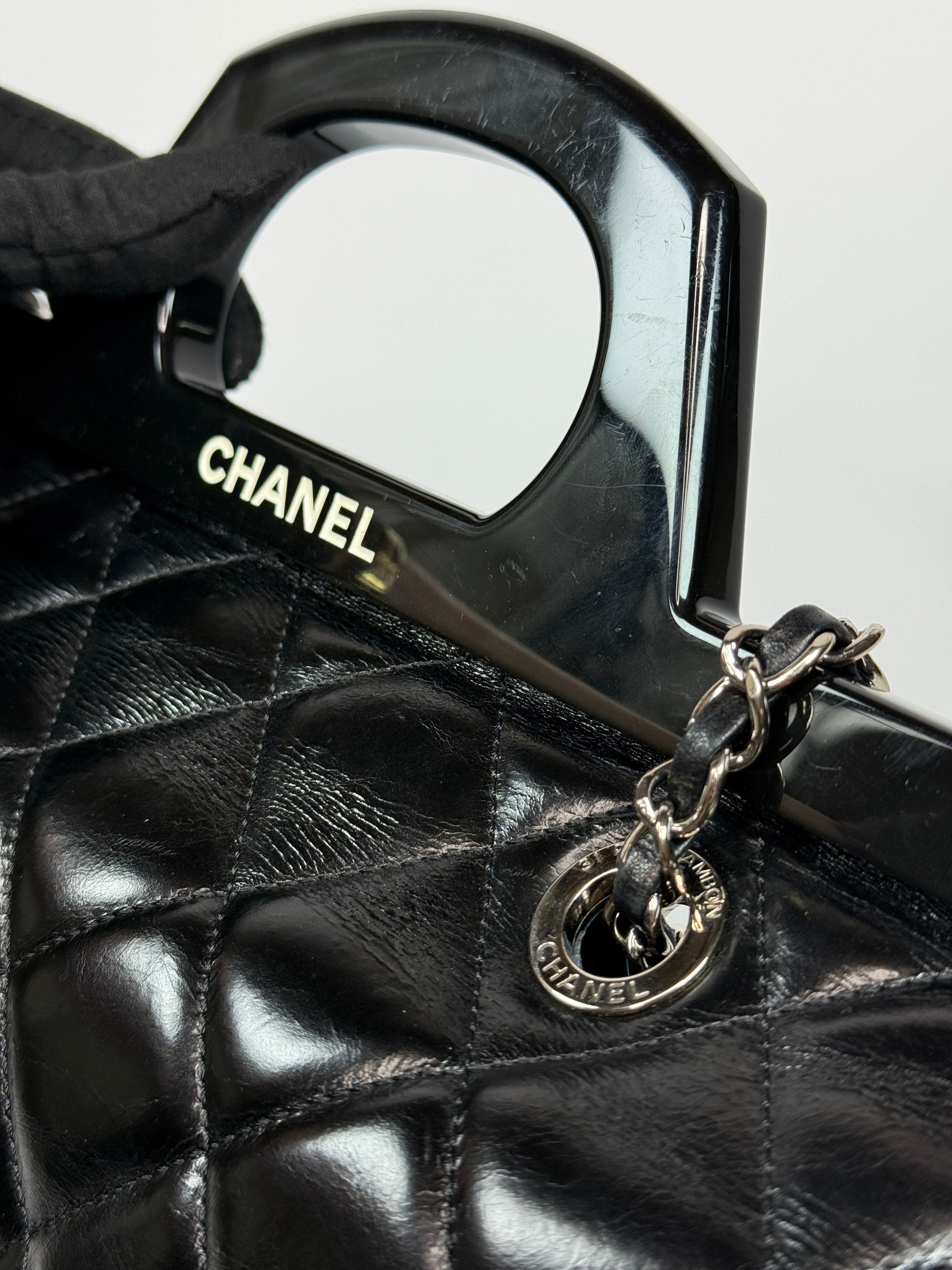 Chanel Delivery Top Handle Flap Bag In Black Calfskin Leather With Silver hardware in very good condition Authentic and preloved
