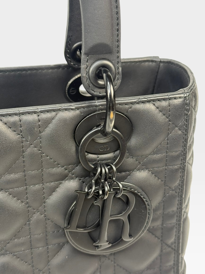 Christian Dior Medium Lady Dior In Matte Black With Black Hardware