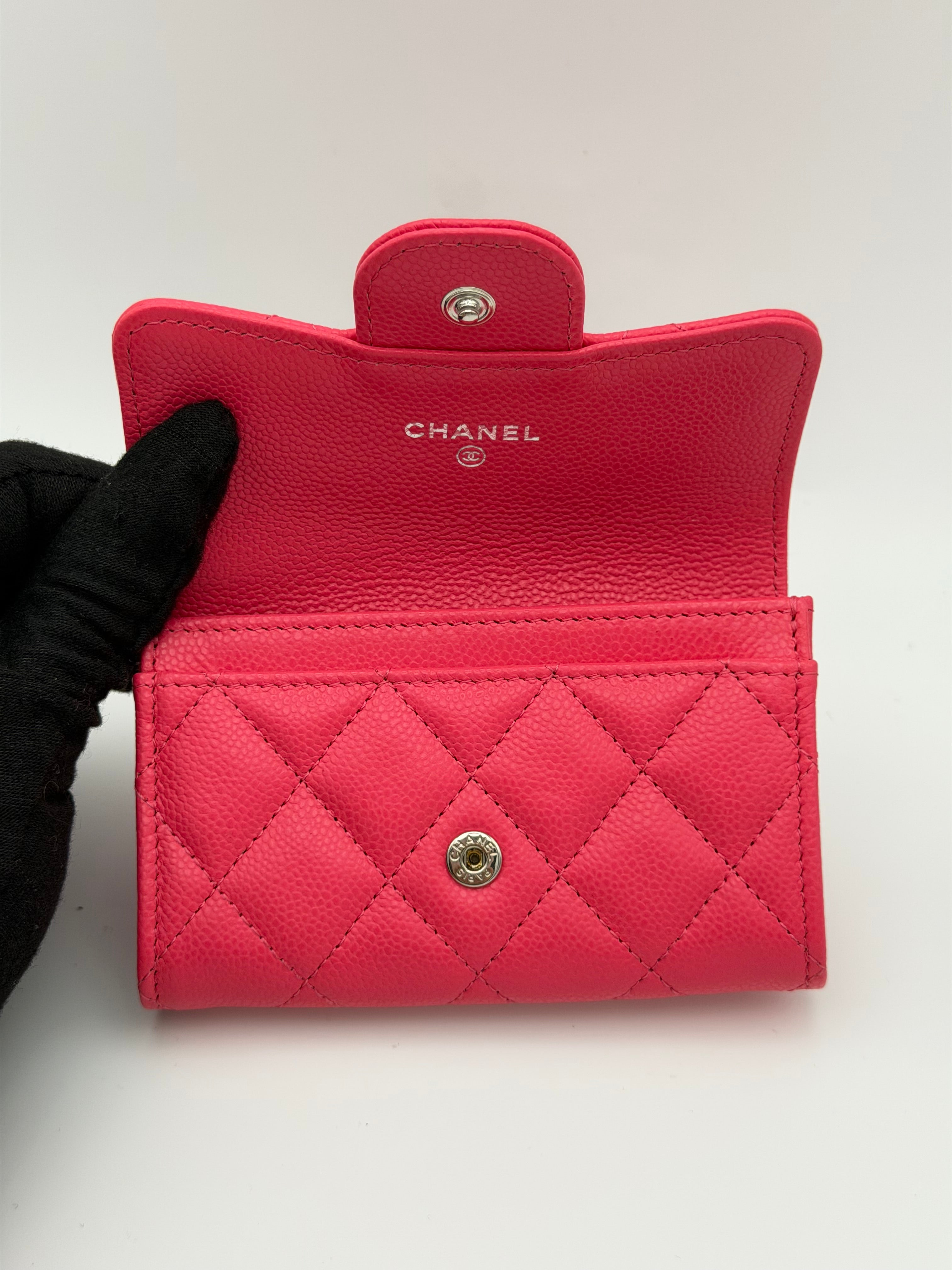 Chanel Classic Card Holder In Hot Pink Caviar Leather With Silver Hardware. Authentic and preloved in excellent condition