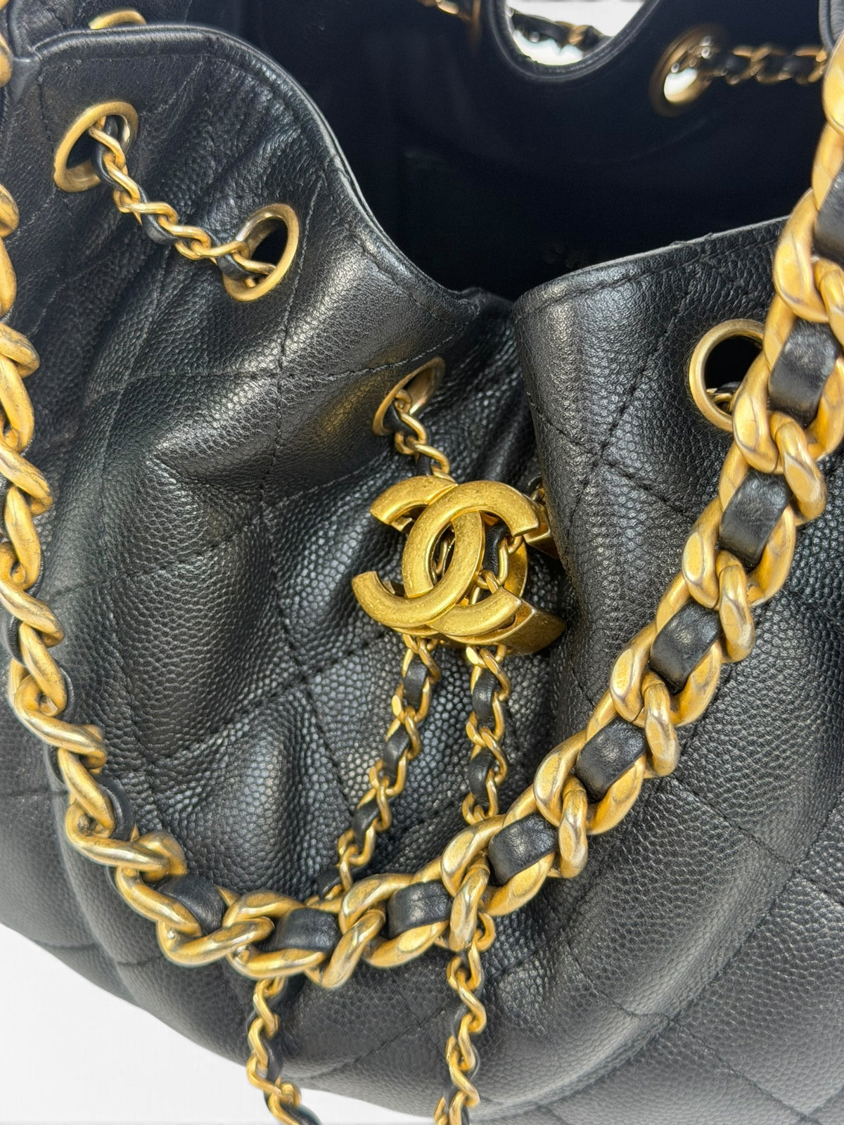 Chanel 25 Small In Black Caviar Leather With Aged Gold Hardware. 100% authentic and preloved in excellent condition