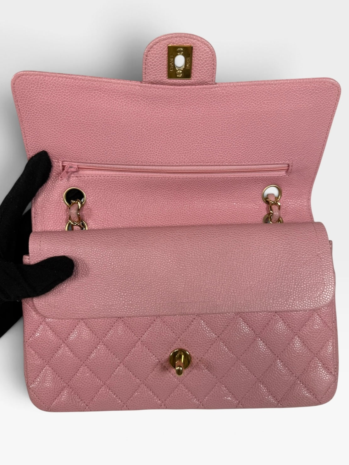 Chanel Vintage Medium Classic Double Flap In Pink Caviar Leather With 24Kt Gold Hardware 100% authentic and preloved in excellent condition
