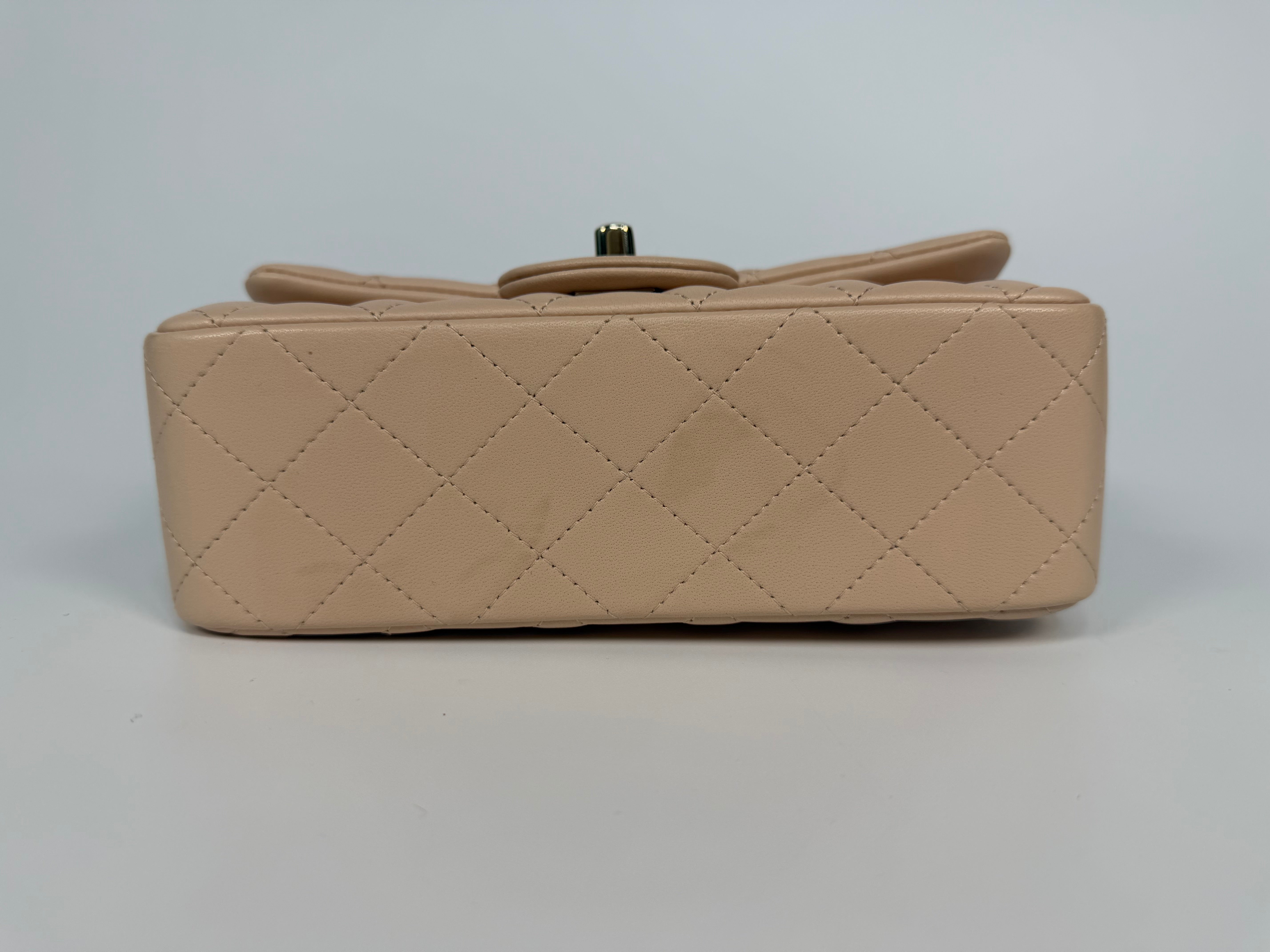 Chanel Mini Rectangle Top Handle In Light Beige Lambskin Leather With Gold Hardware
