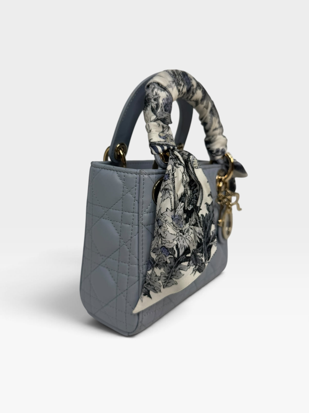Christian Dior Mini Lady Dior In Pale Blue Cannage Leather With Pale Gold Hardware. 100% Authentic and Preloved in excellent condition. 100% Guarantee