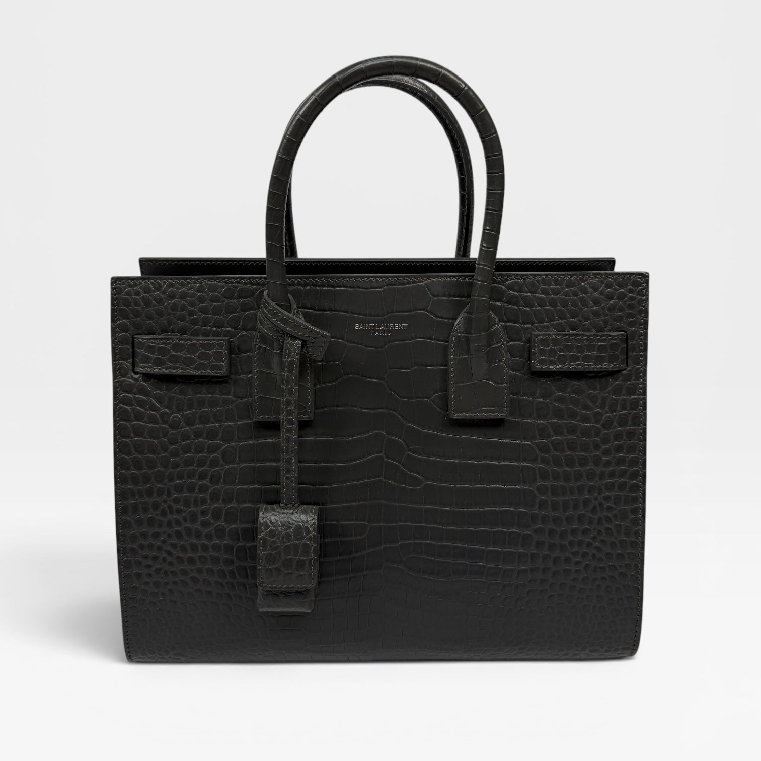 Saint Laurent Small Sac De Jour In Grey Croc Embossed Leather With Silver Hardware