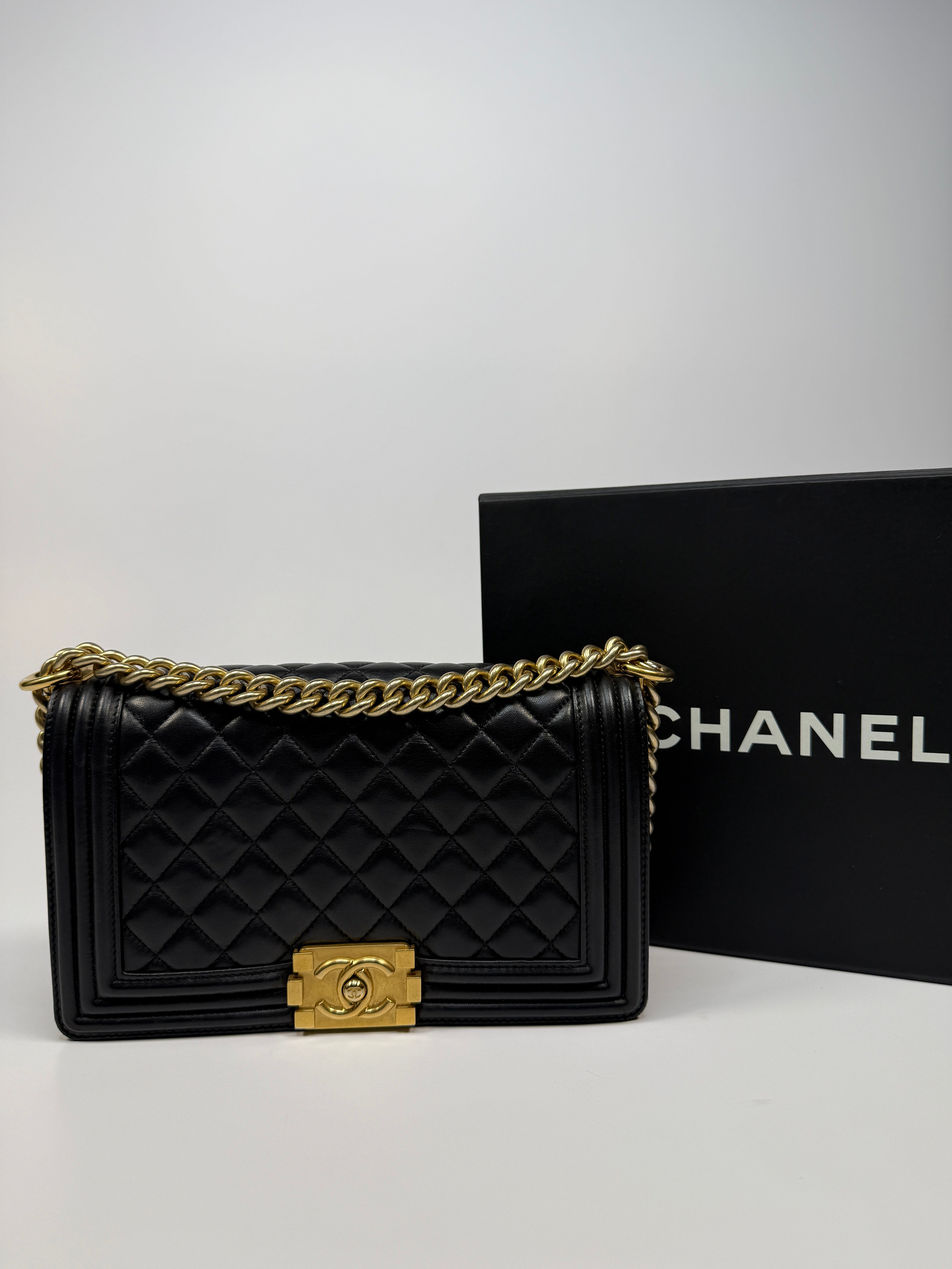 Chanel Boy Bag Medium In Black Lambskin Leather With Gold Hardware
Pre Loved & Authentic