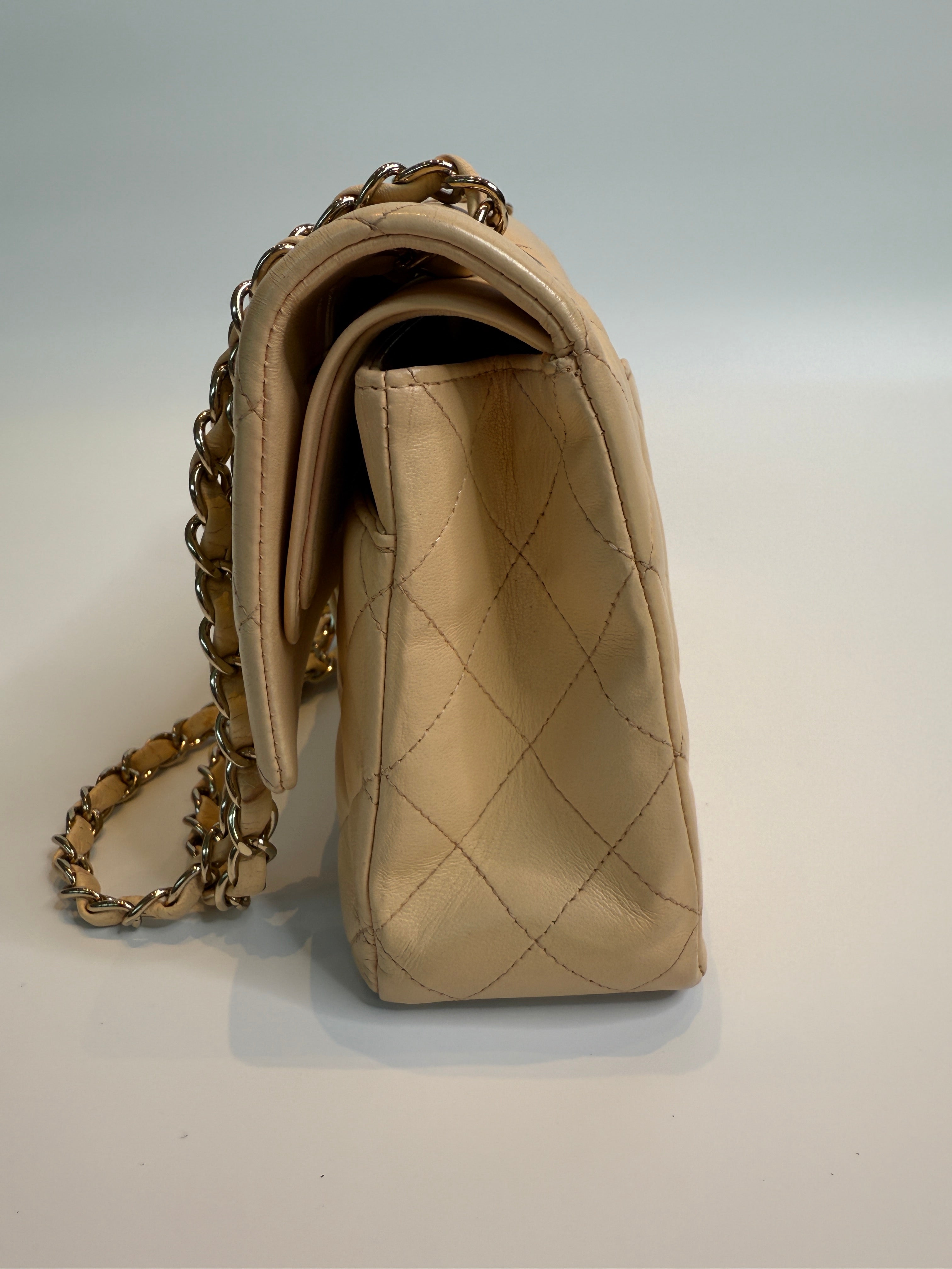 Chanel Medium Classic Double Flap Beige Lambskin Leather With Gold Hardware
Pre Loved & Authentic