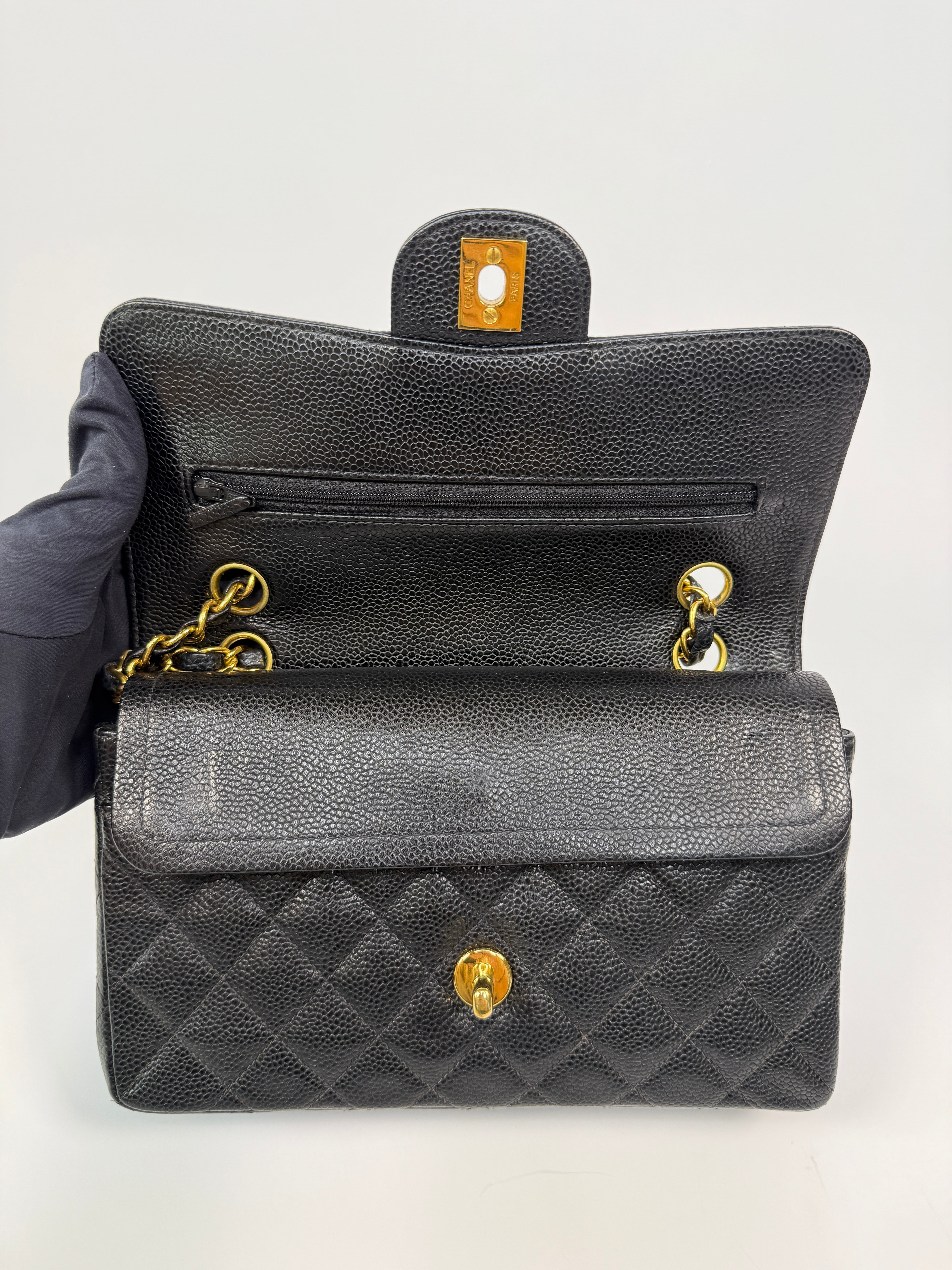 Chanel Vintage Small Classic Double Flap In Black Caviar Leather With GHW