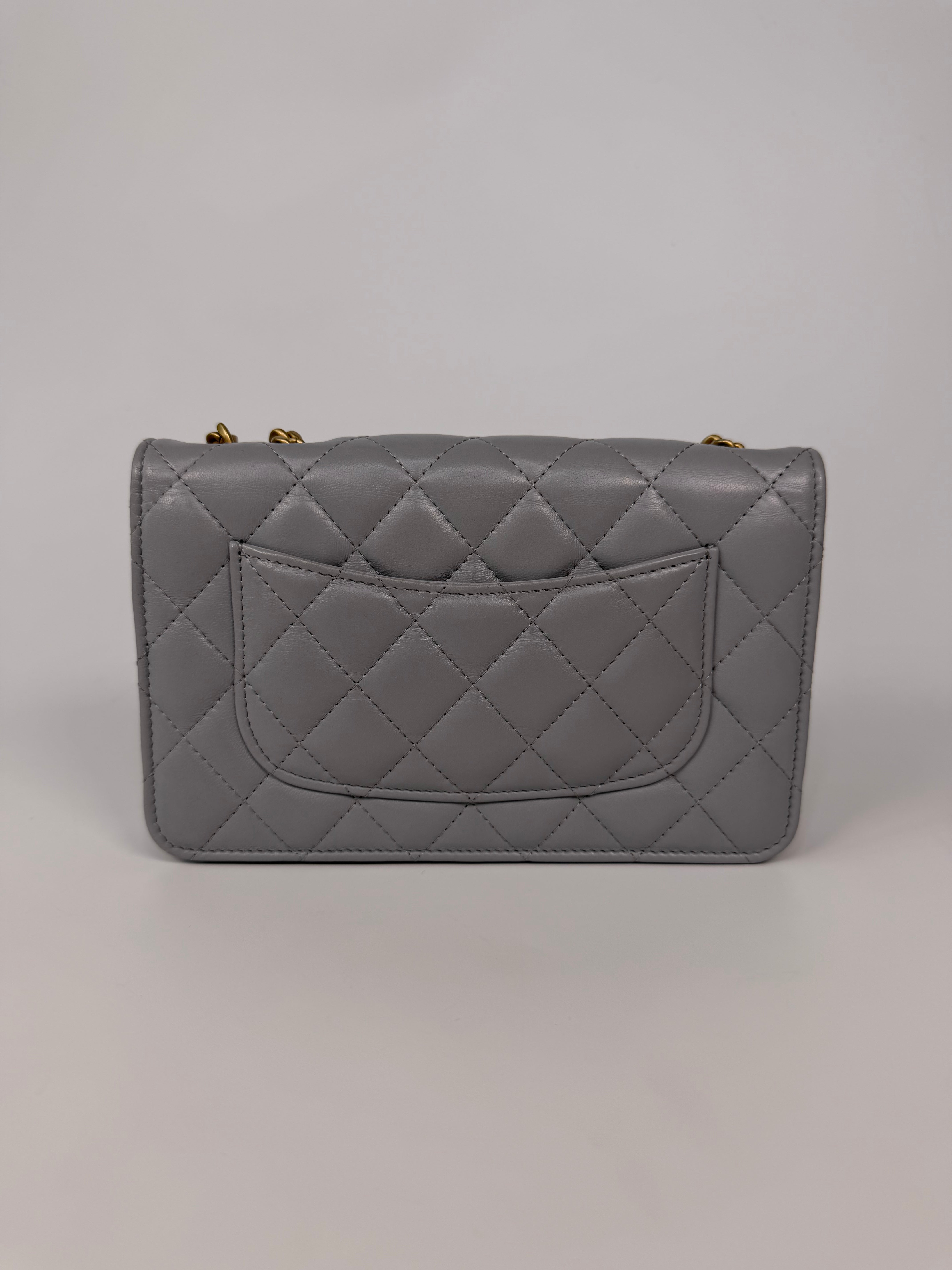 Chanel Pearl Crush Wallet On Chain In Grey Lambskin Leather With Gold Hardware
