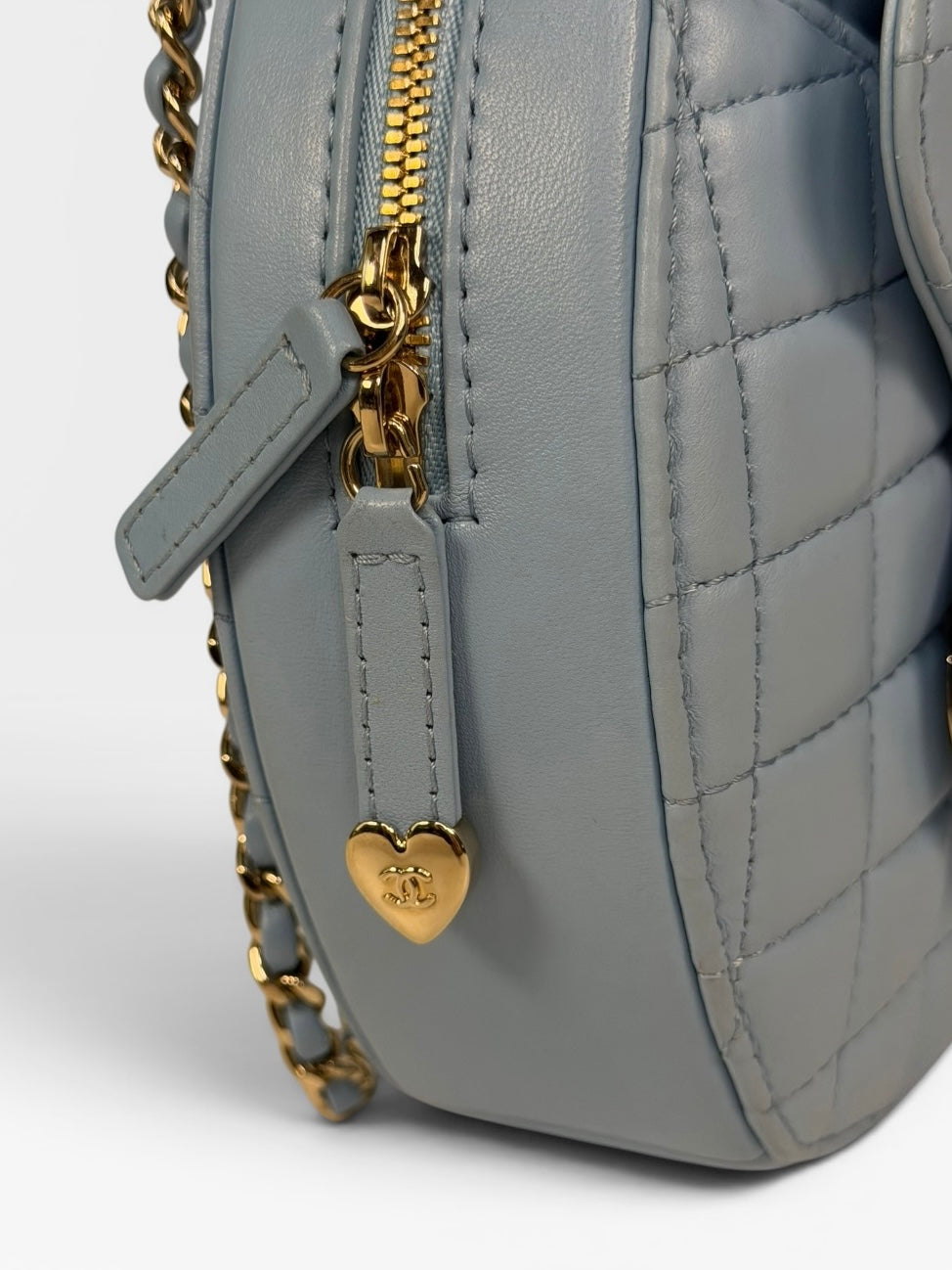 Chanel Heart Bag Large In Blue Lambskin Leather With Pale Gold Hardware. 100% authentic and preloved in excellent condition