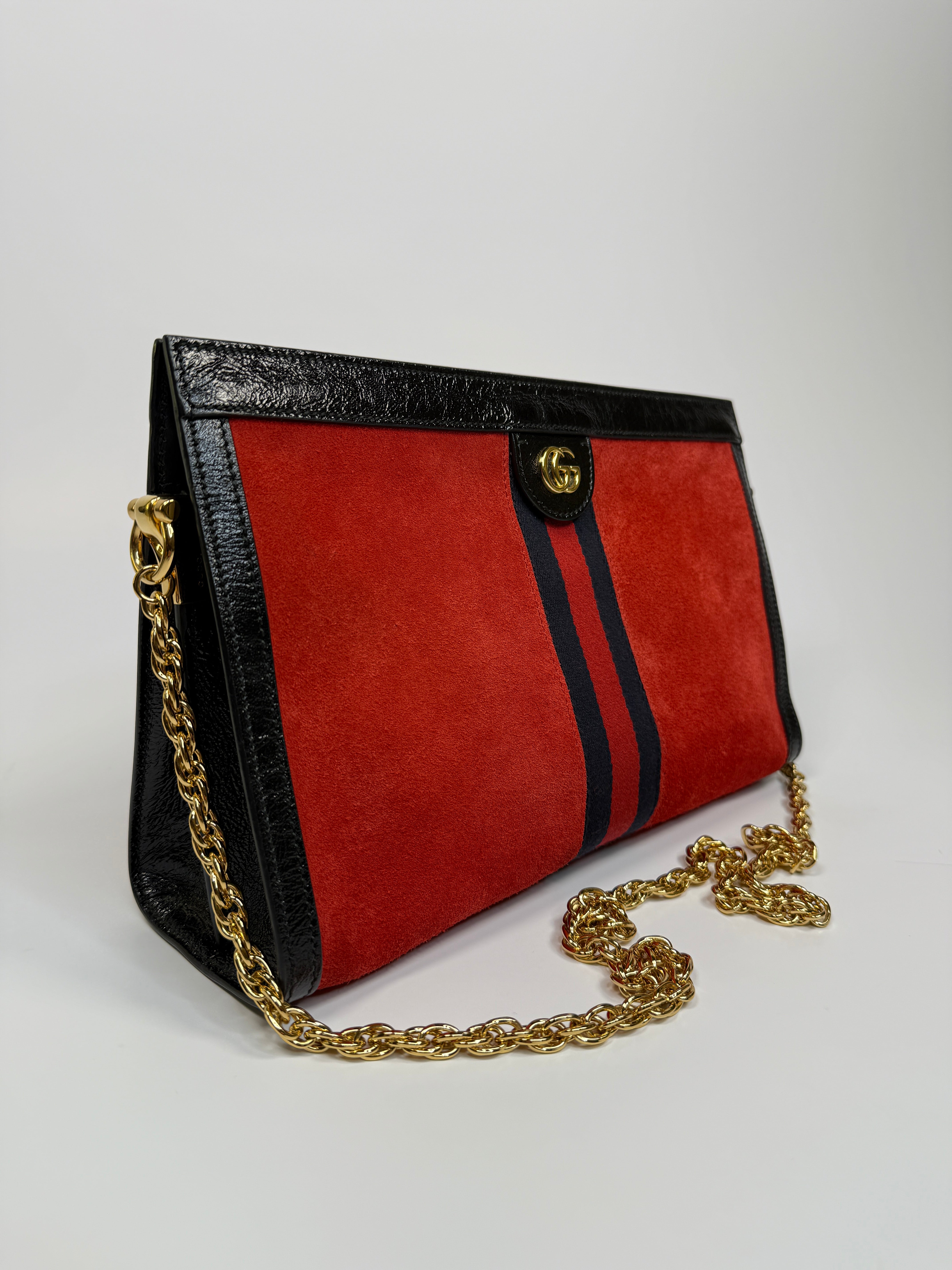 Gucci Small Suede Ophidia Chain Bag In red Suede and Black Patent Leather with gold hardware very good condition. Authentic and pre loved