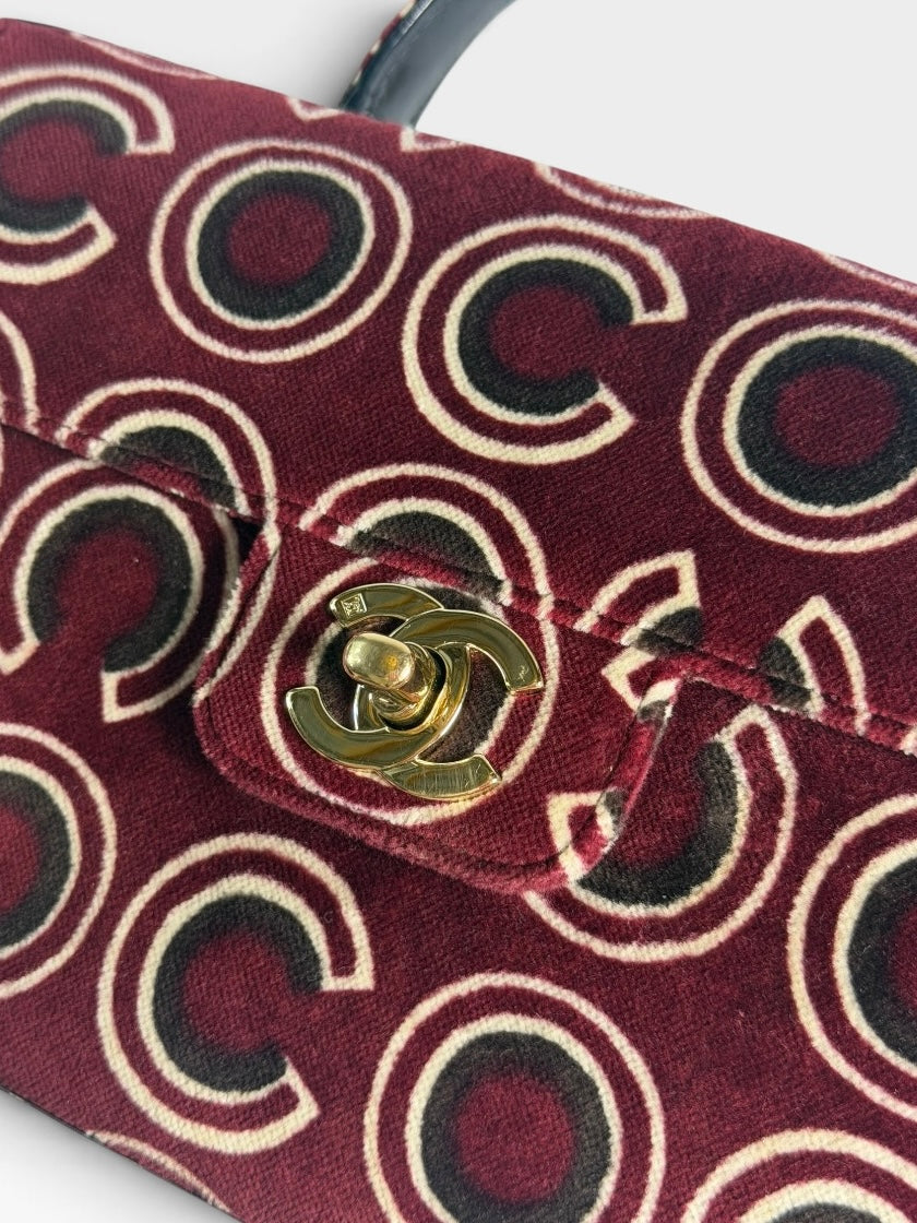 Chanel Coco Print Velvet Top Handle Flap In Burgundy With Gold Hardware