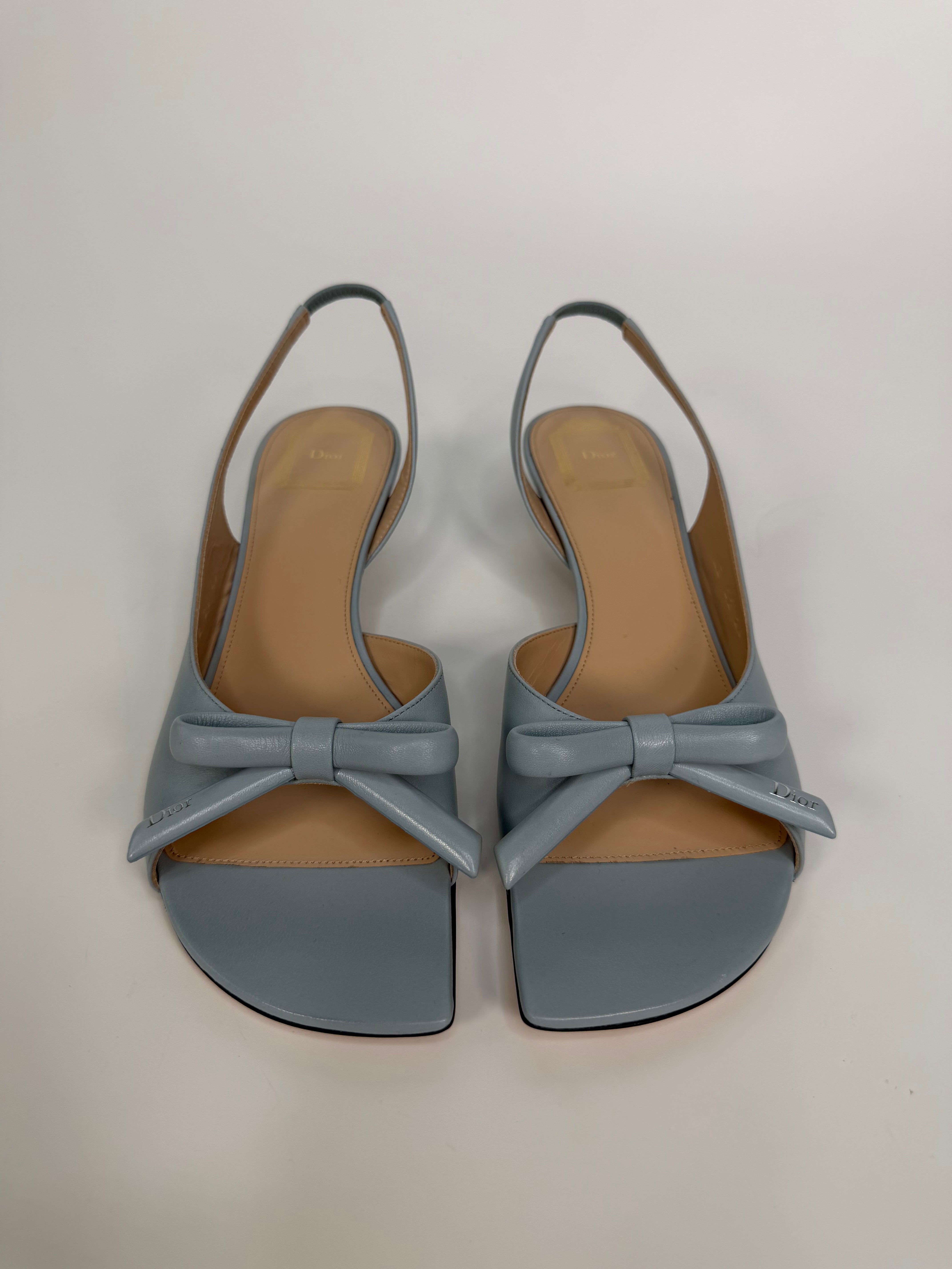 Christian Dior Bow Heeled Slingback Sandals In Blue Lambskin. Authentic and preloved in new and unused condition