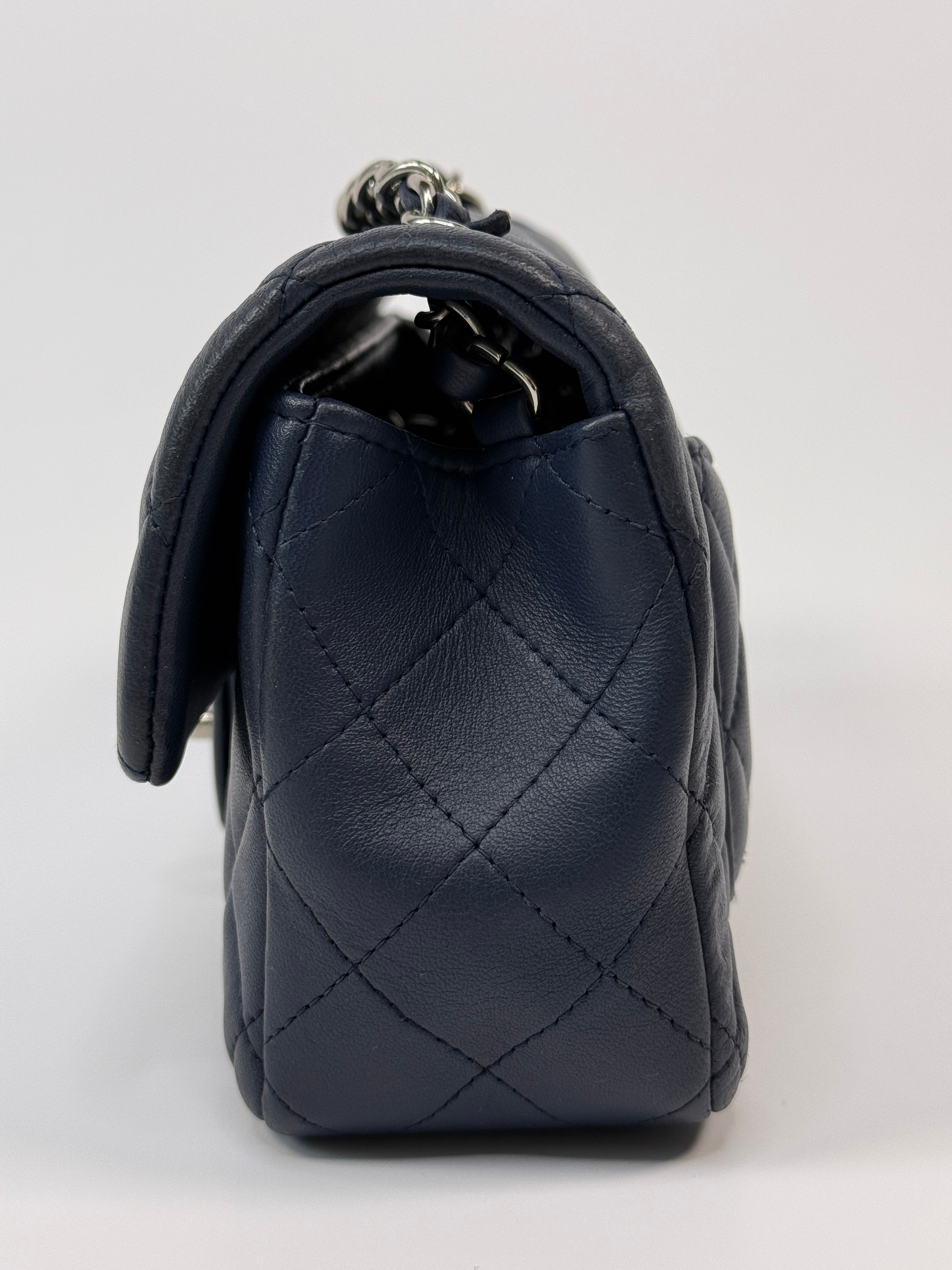 Chanel Mini Rectangle Flap Bag In Navy Lambskin With Silver Hardware
Pre Loved & Authentic