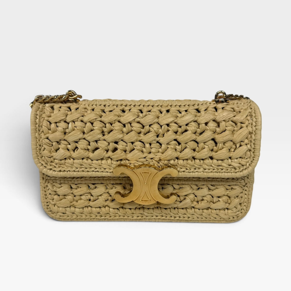 Celine Chain Shoulder Bag Claude In Natural Raffia With Gold Hardware. 100% authentic and preloved in excellent condition